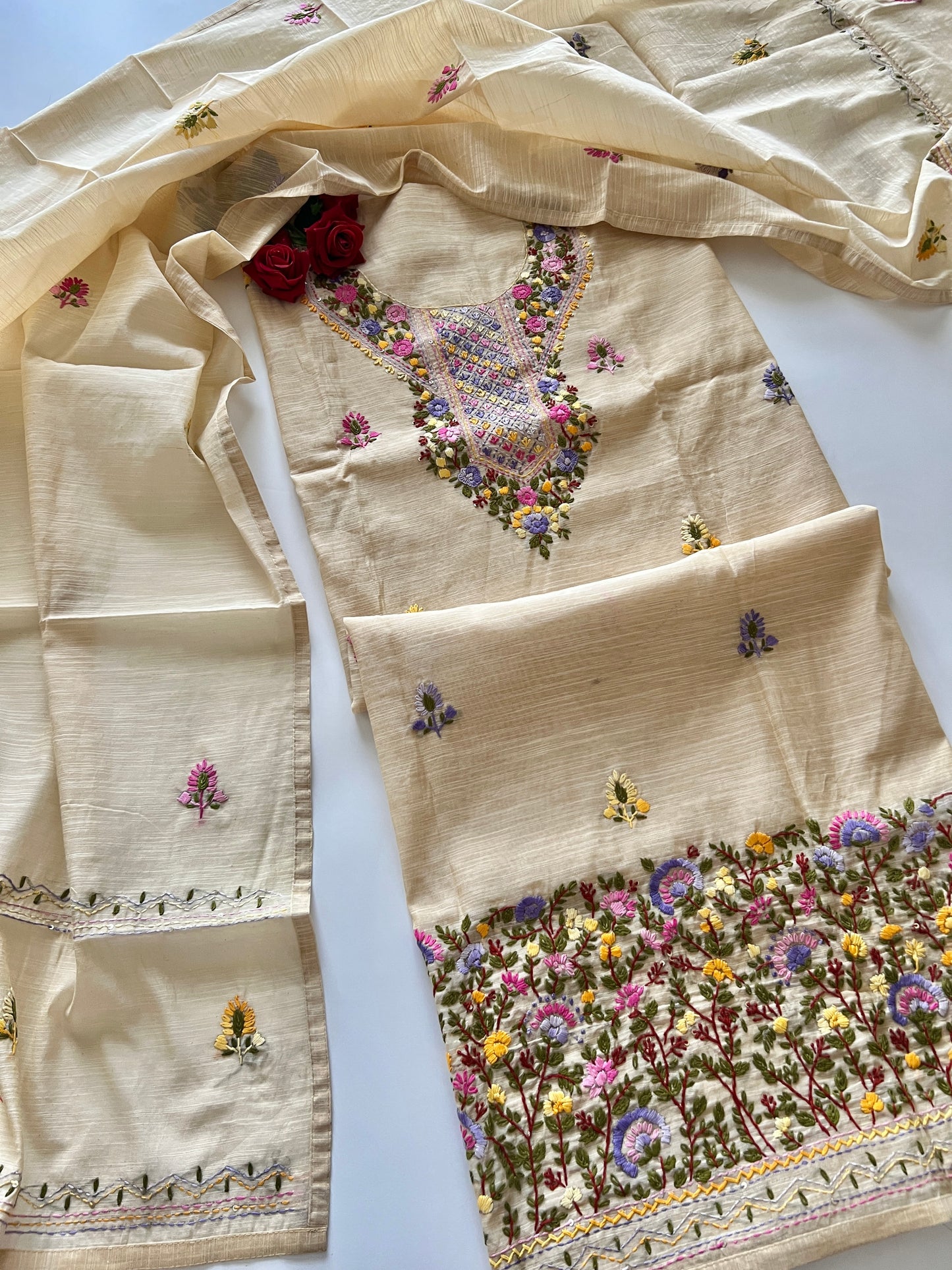 Beige Knot embroidery Unstitched suit material 2 pc