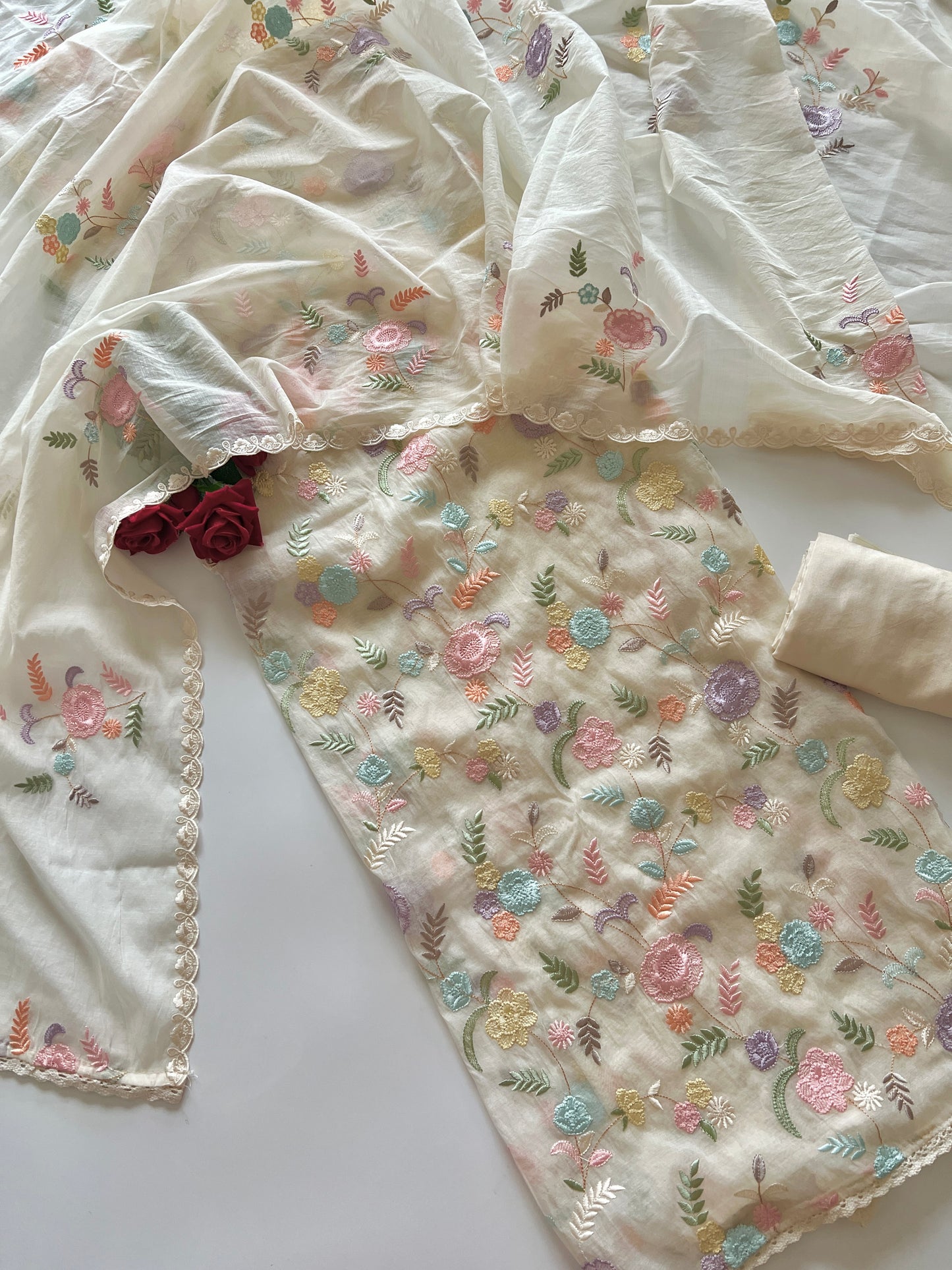 Mul Chanderi Thread embroidered Unstitched Suit