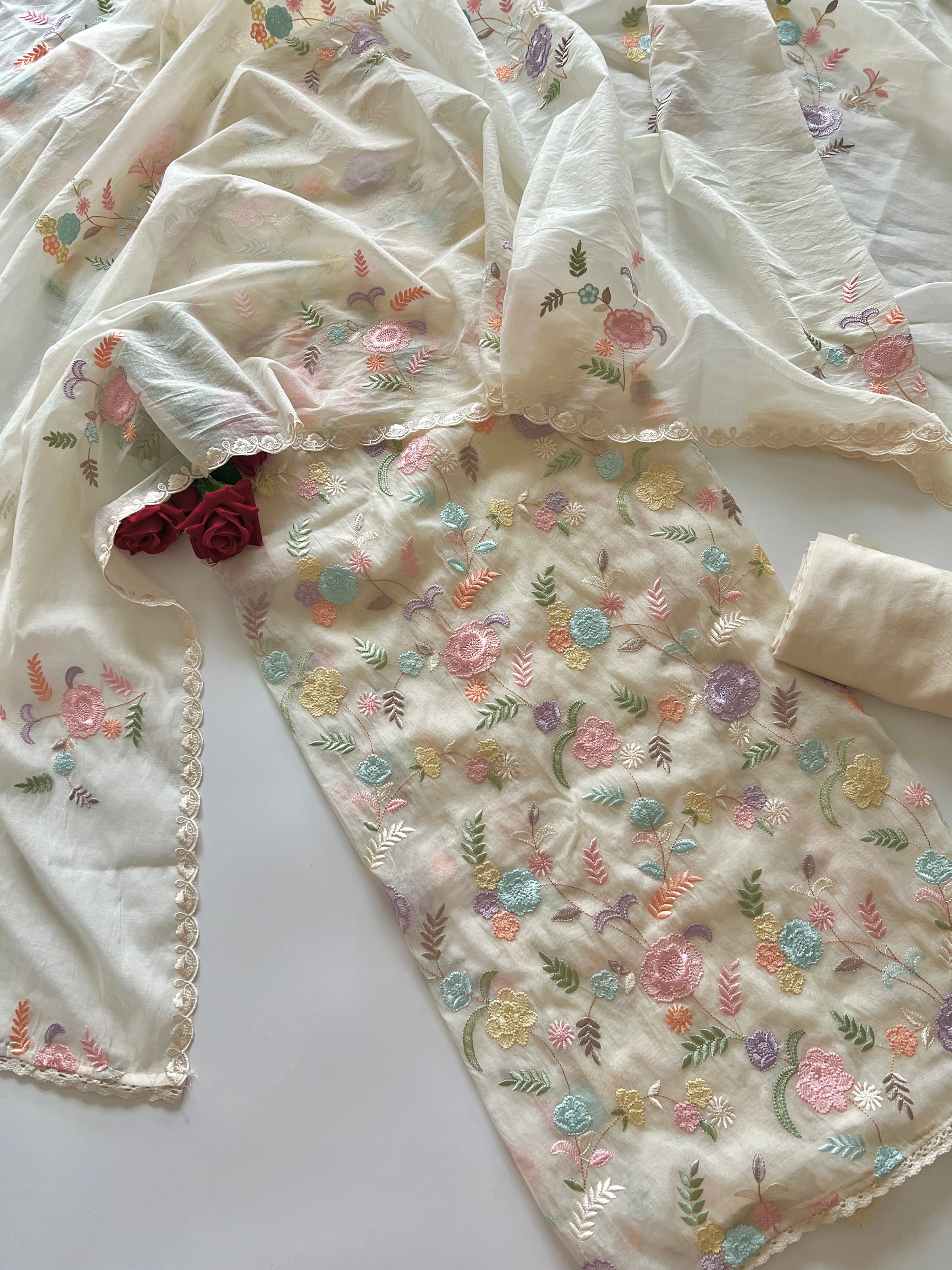 Mul Chanderi Thread embroidered Unstitched Suit