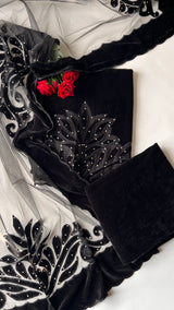 Black Velvet cut work designer party wear unstitched suit set