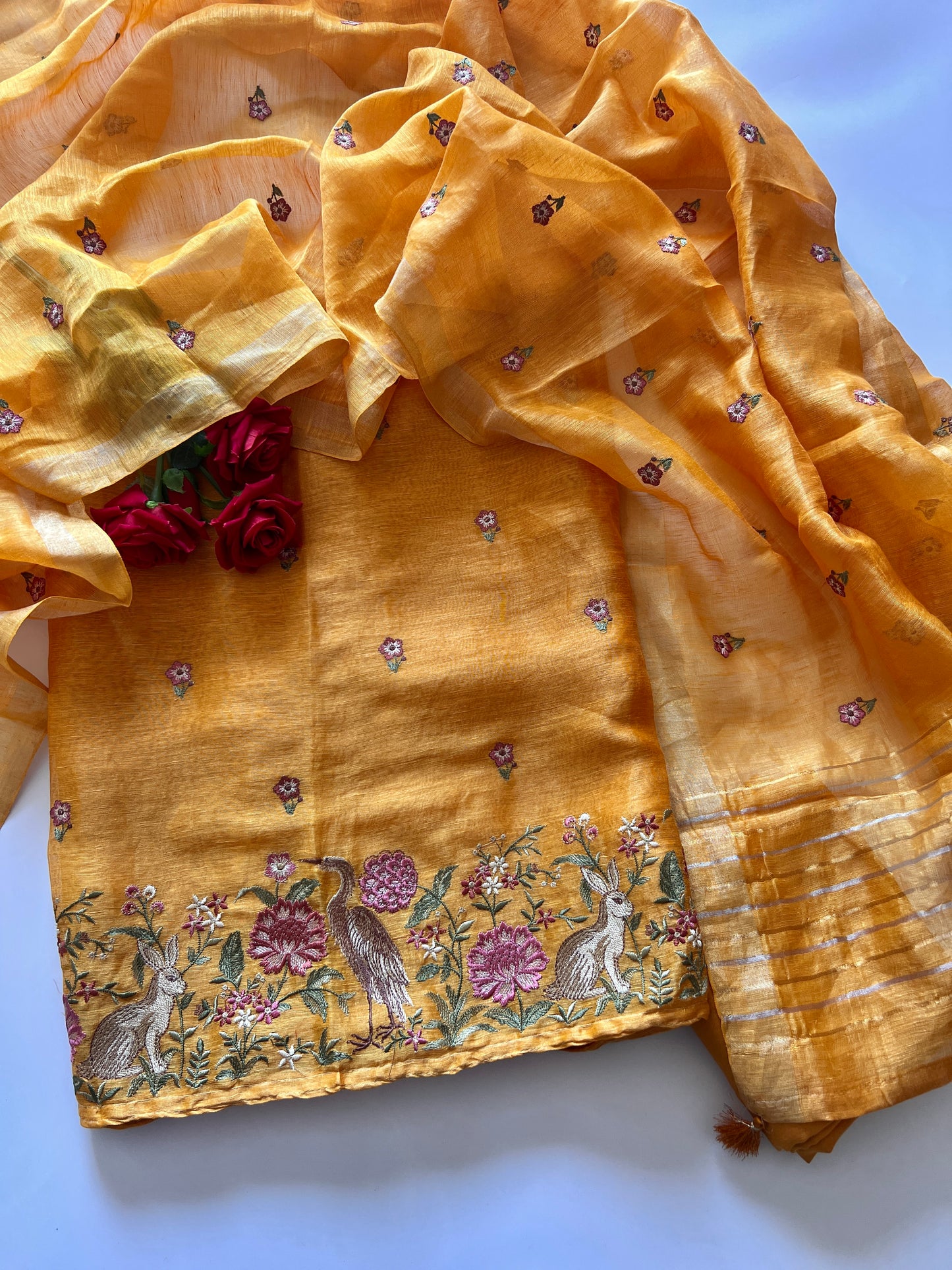 Yellow Pure Silk Linen embroidered premium unstitched dress material