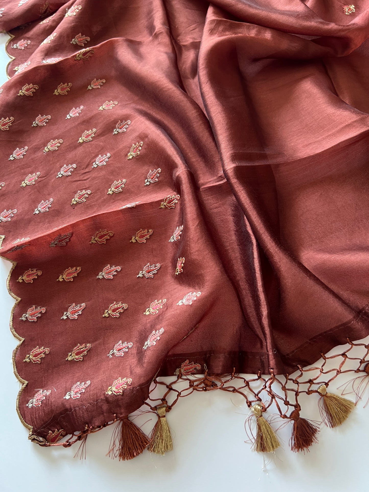 Brown Raw Mango handloom embroidered unstitched suit.