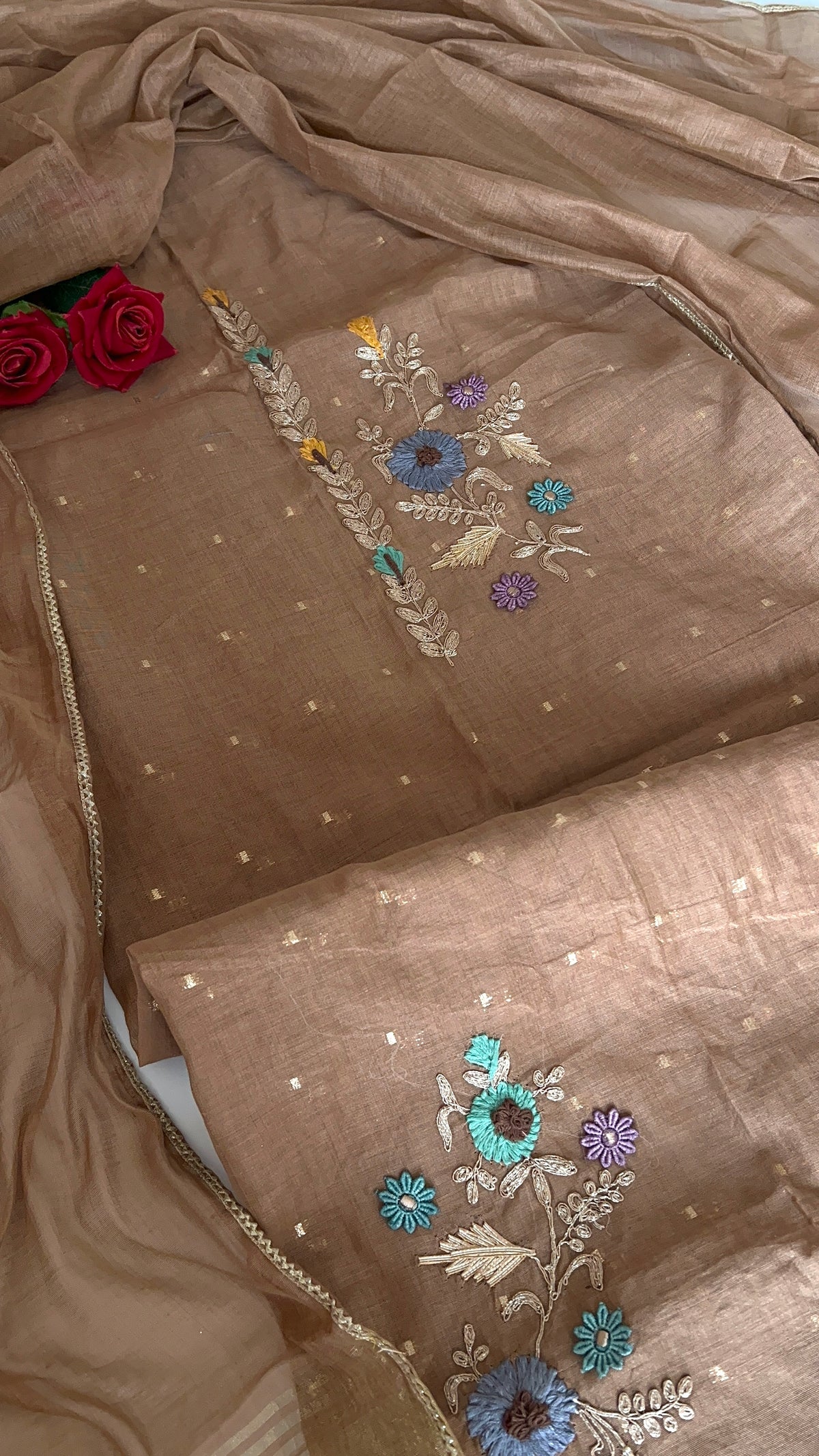 Brown Floral Embroidery tissue Jamdani Dress material