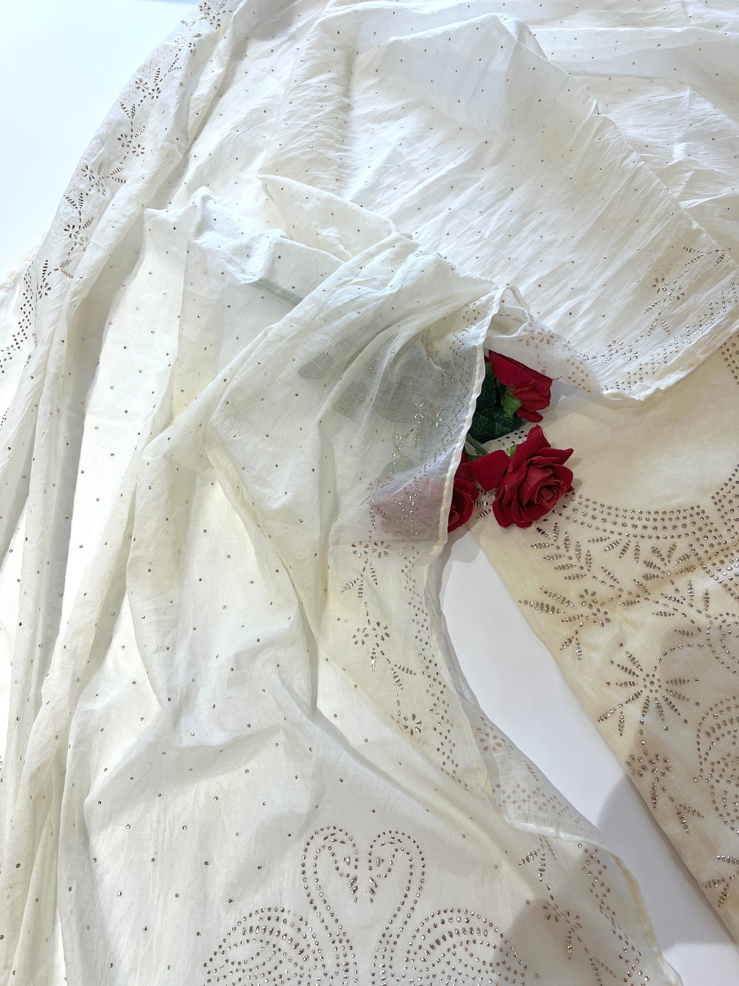 Off White Mul Chanderi dress material with mukaish -Flamingo