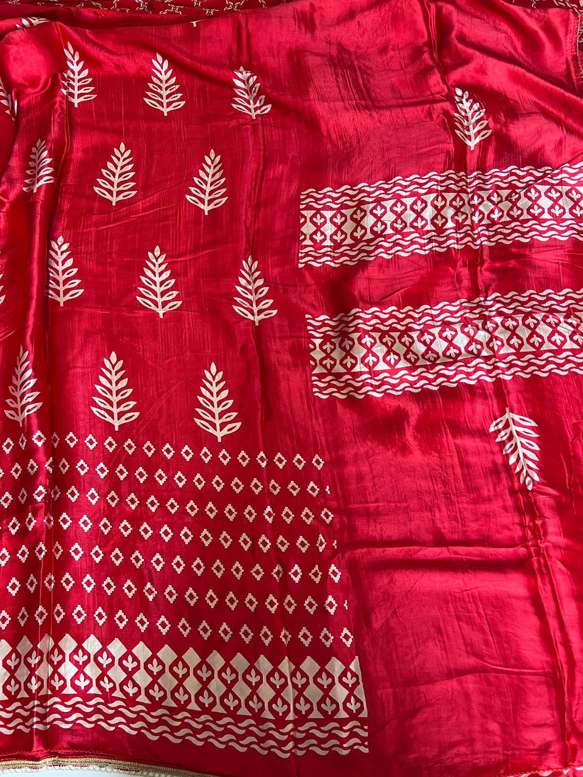 Red Gajji Silk With gotta work neck Unstitched suit