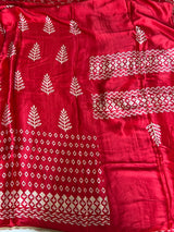 Red Gajji Silk With gotta work neck Unstitched suit