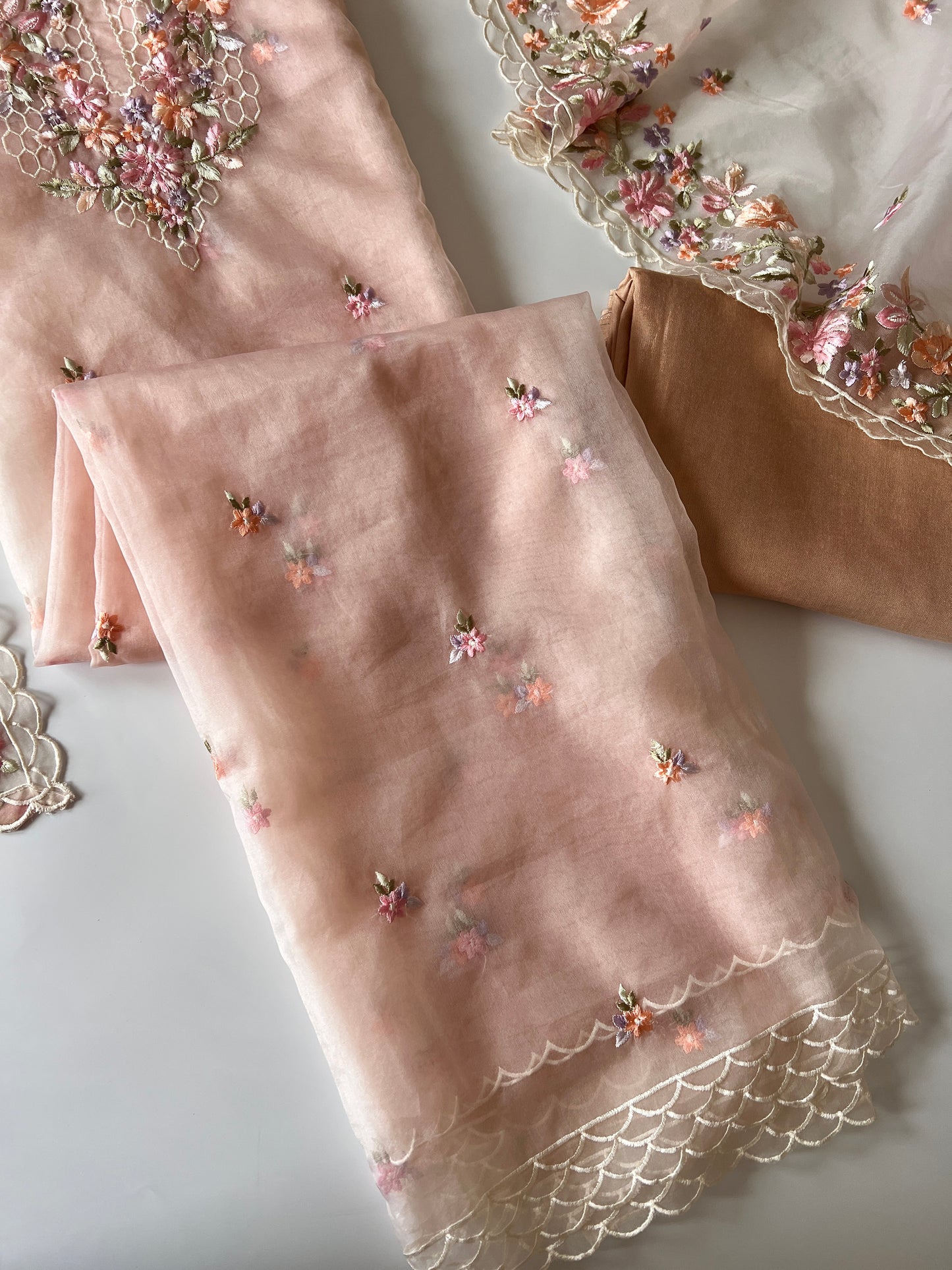Peach thread Embroidery unstitched suit