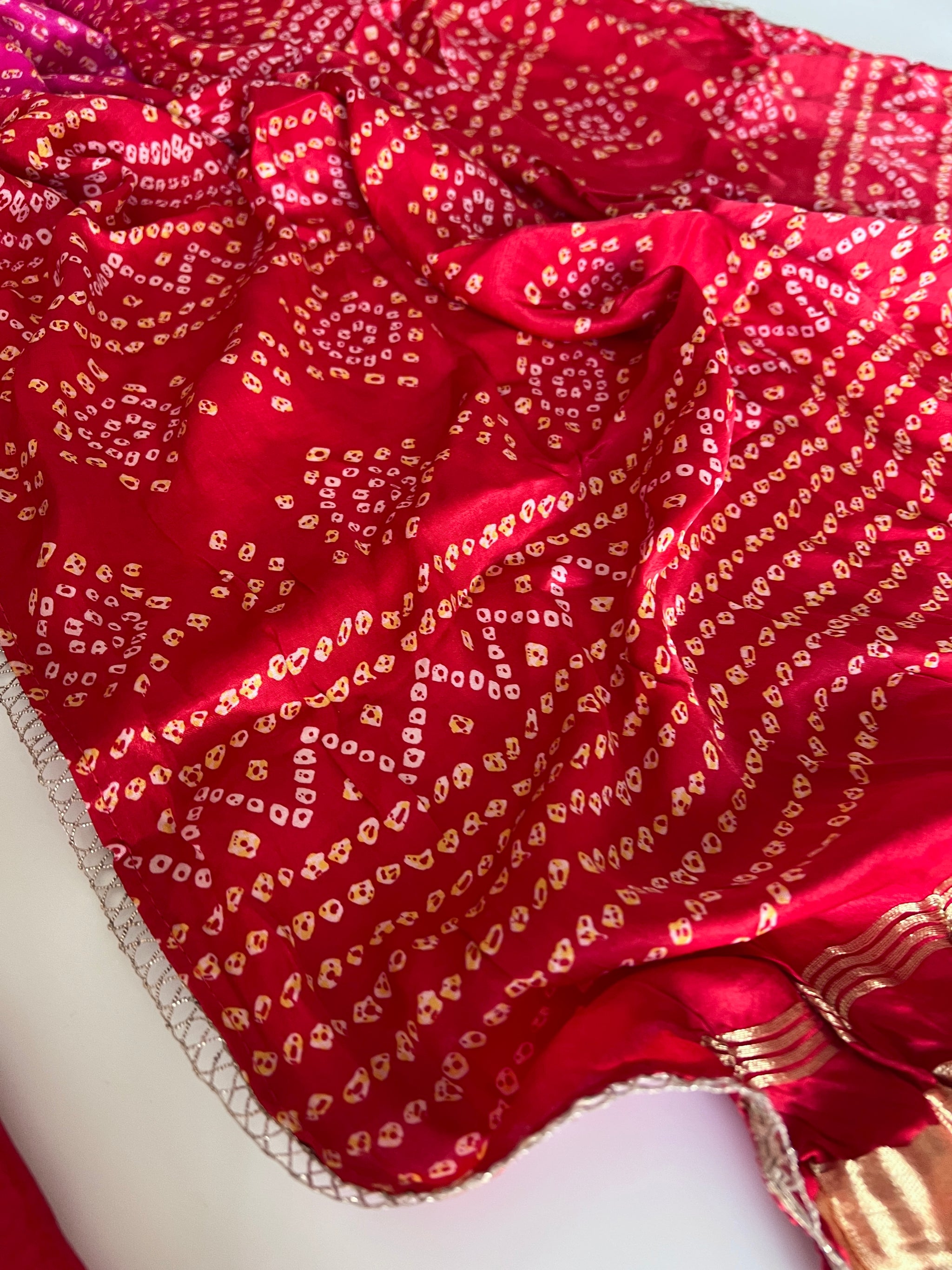 Red Gajji Silk With gotta work neck Unstitched suit