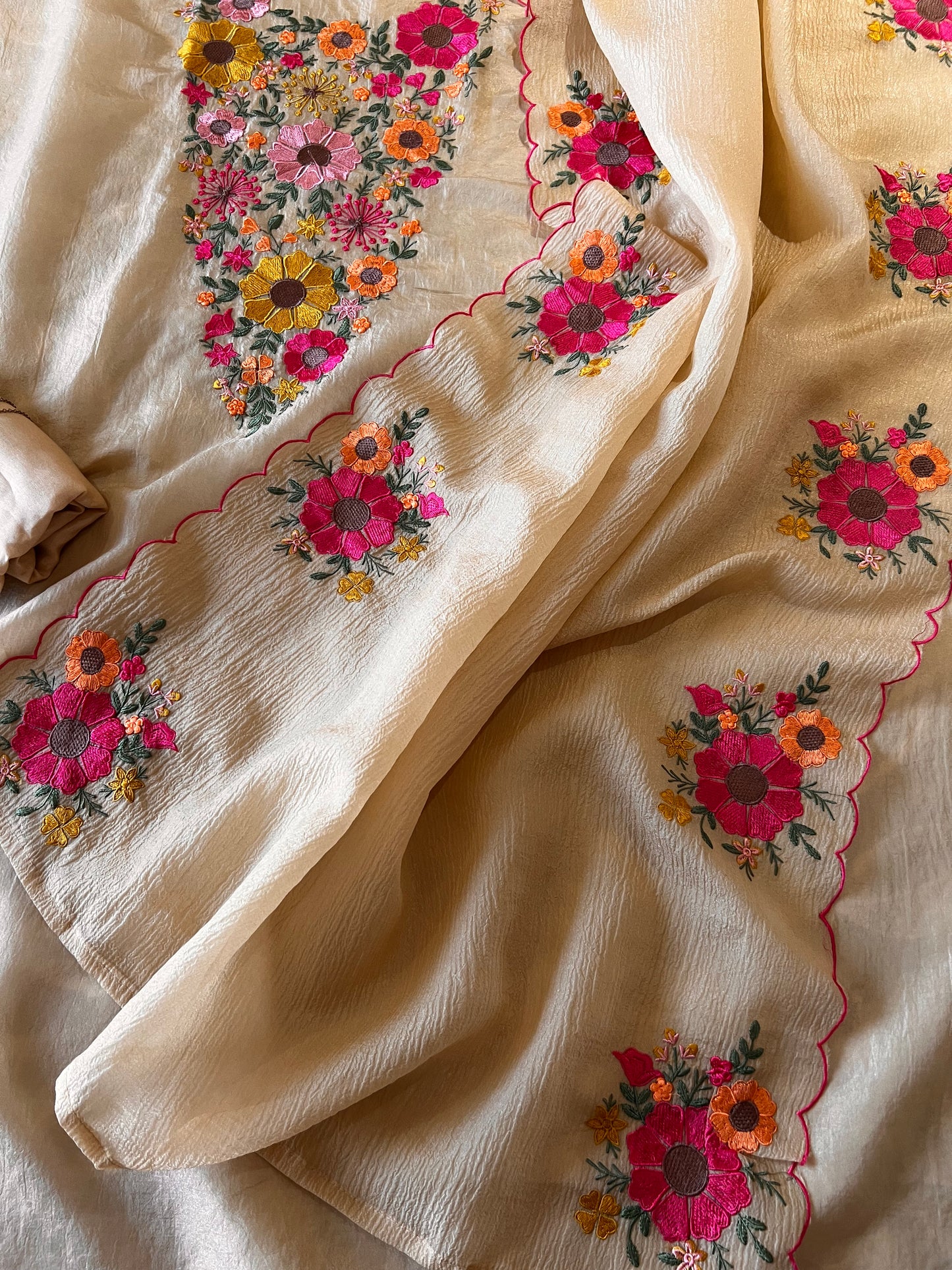 Sunflower Embroidery Crush tissue Silk Dress material