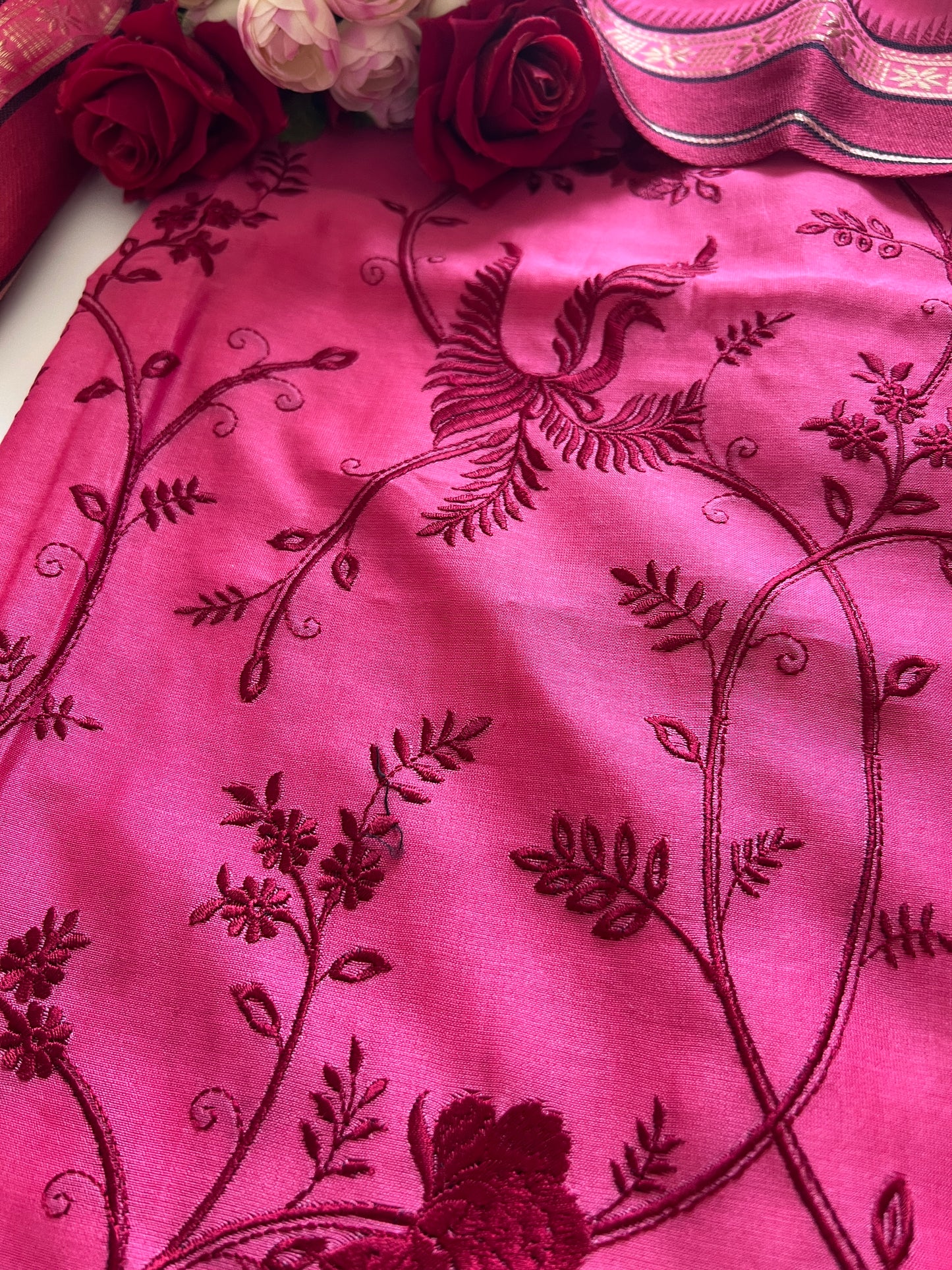 Pink Pure Chanderi Parsi Thread embroidered Unstitched Suit