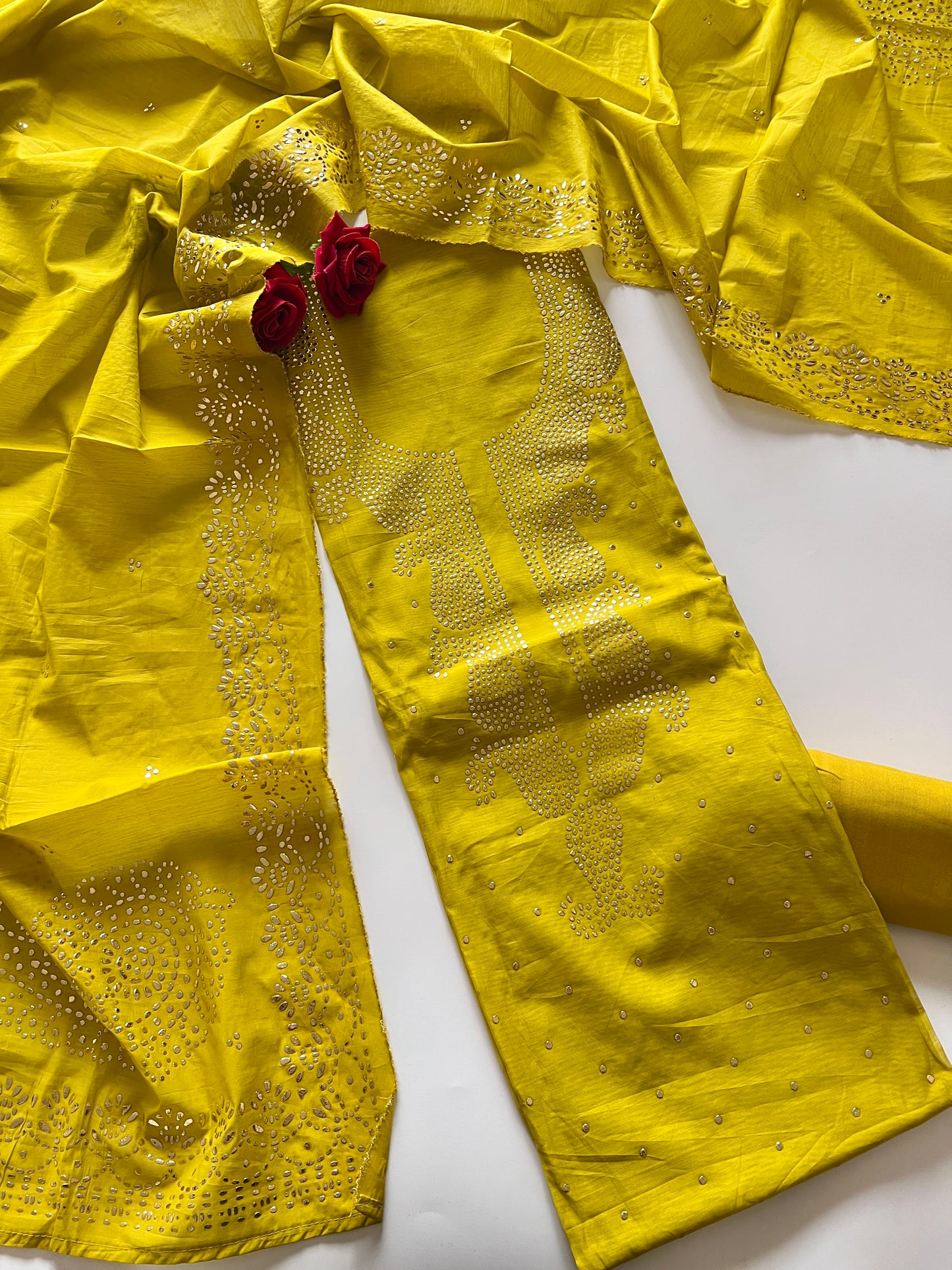 Yellow Mul Chanderi dress material with mukaish -Paisley