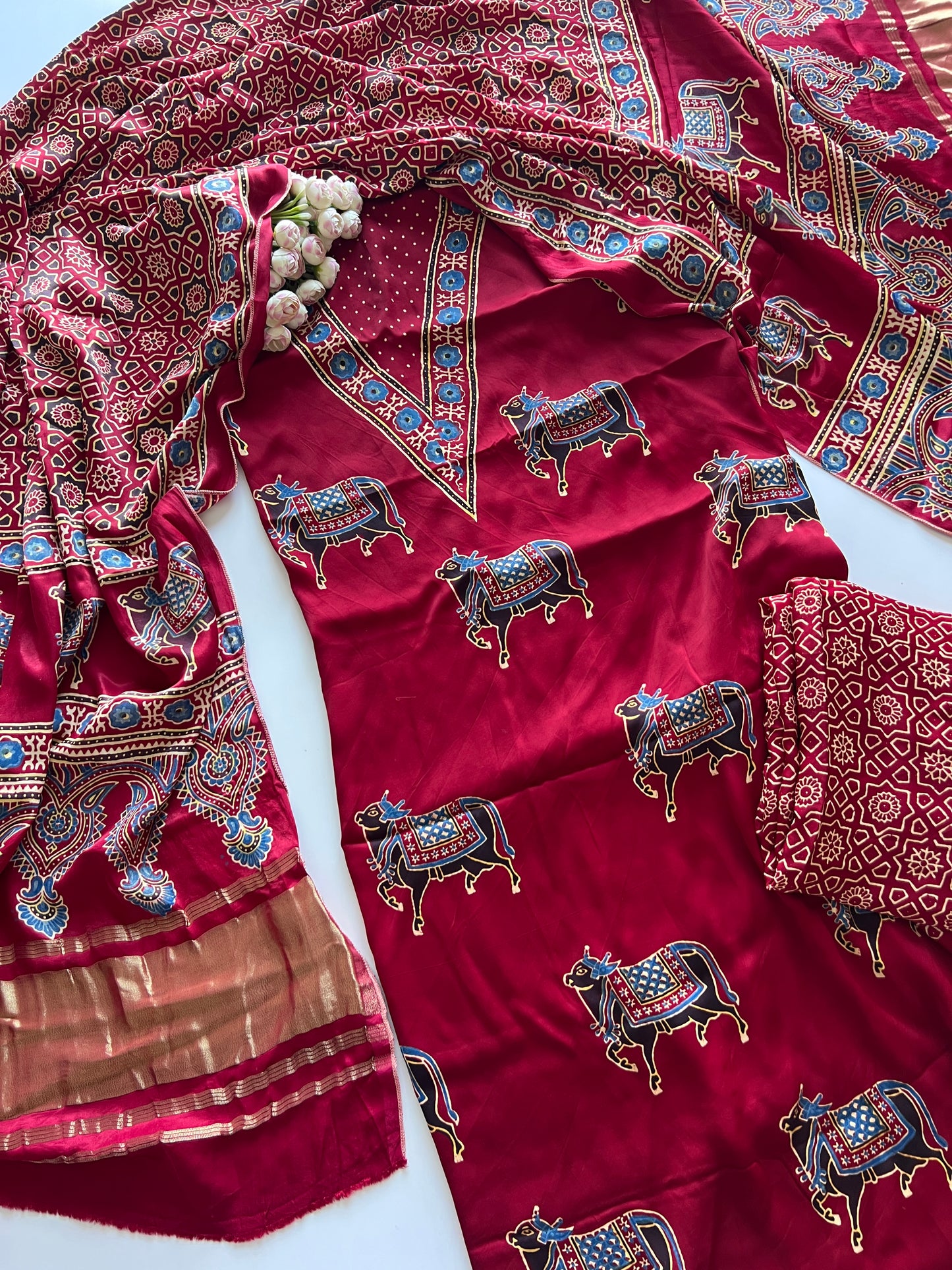 Maroon Ajrakh Handblock print 3 pc fabric Unstitched suit set