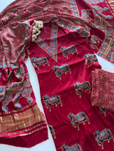 Maroon Ajrakh Handblock print 3 pc fabric Unstitched suit set