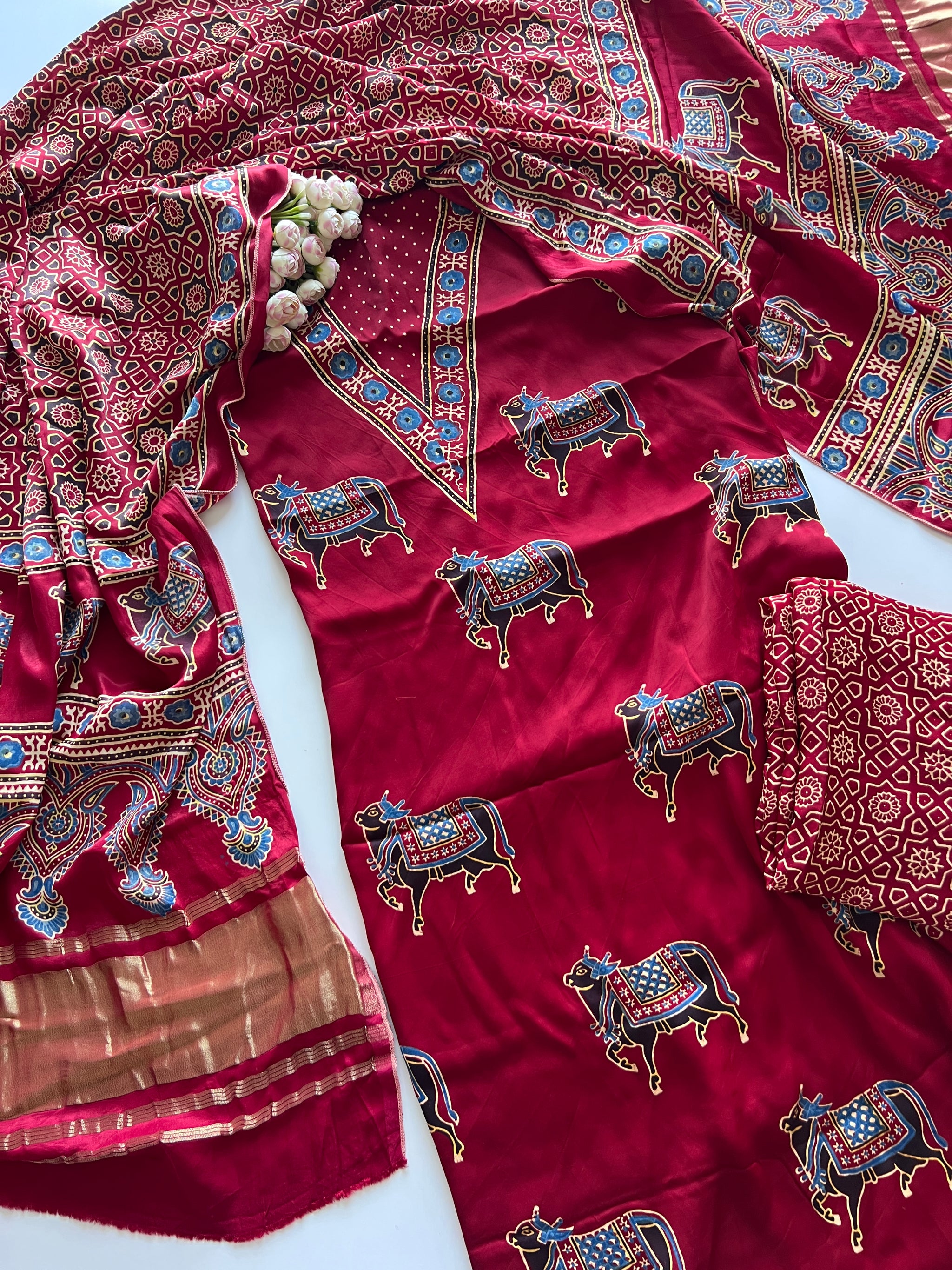 Maroon Ajrakh Handblock print 3 pc fabric Unstitched suit set