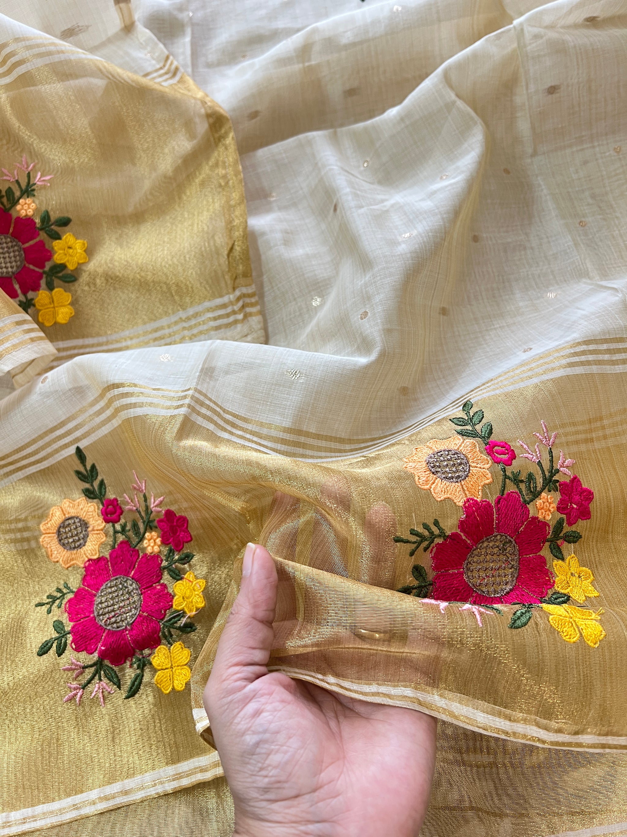 Sunflower Embroidery tissue Jamdani Dress material
