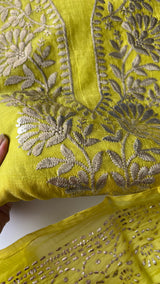 Green Mul Chanderi dress material with pitta and mukaish work