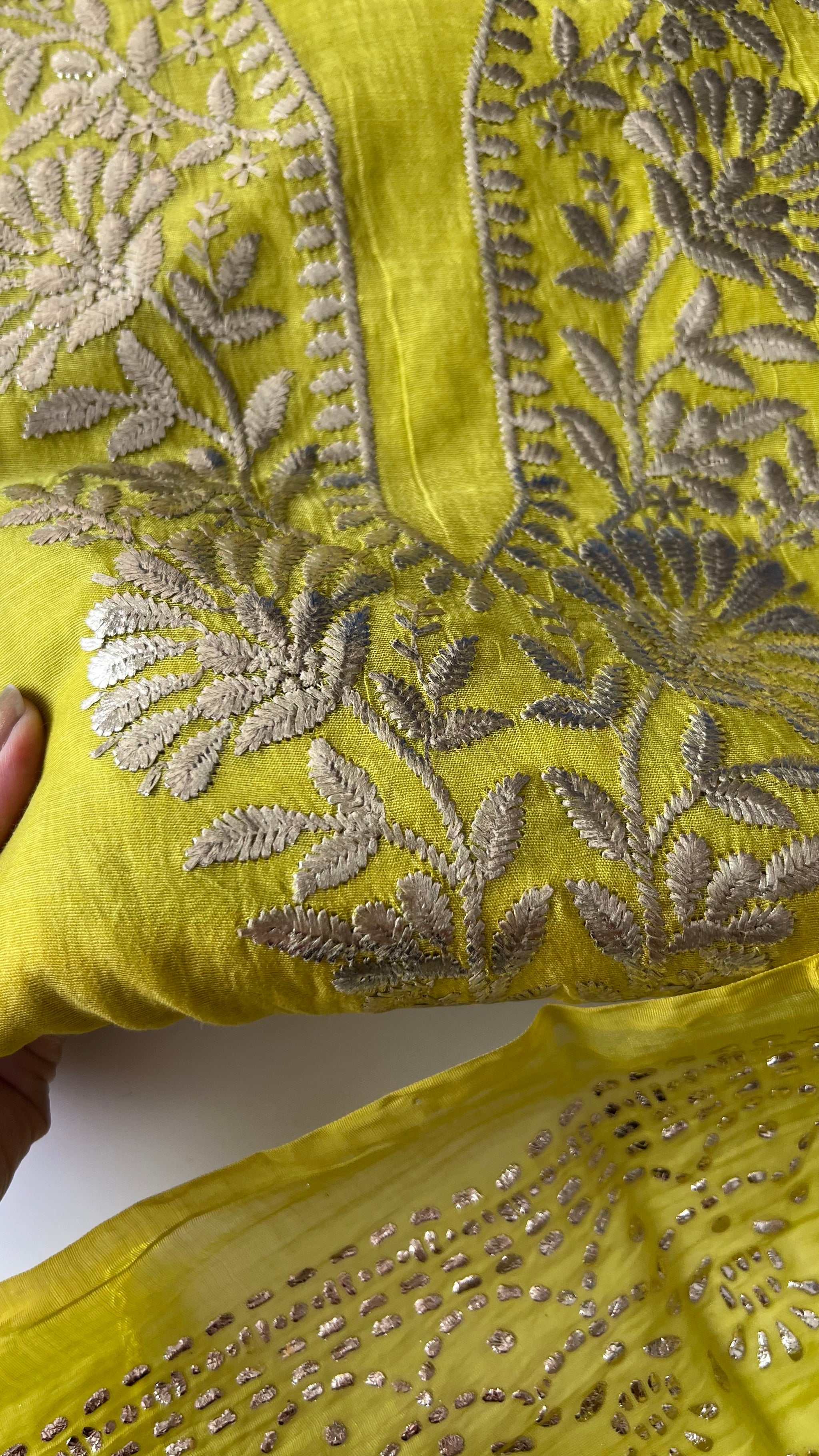 Green Mul Chanderi dress material with pitta and mukaish work