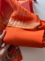 Orange Pure Silk Linen embroidered premium unstitched dress material