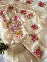 Ivory gold Sunflower Embroidery Crush Organza tissue Dress material