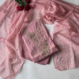 Pastel pink Mul Chanderi dress material with pitta and mukaish work