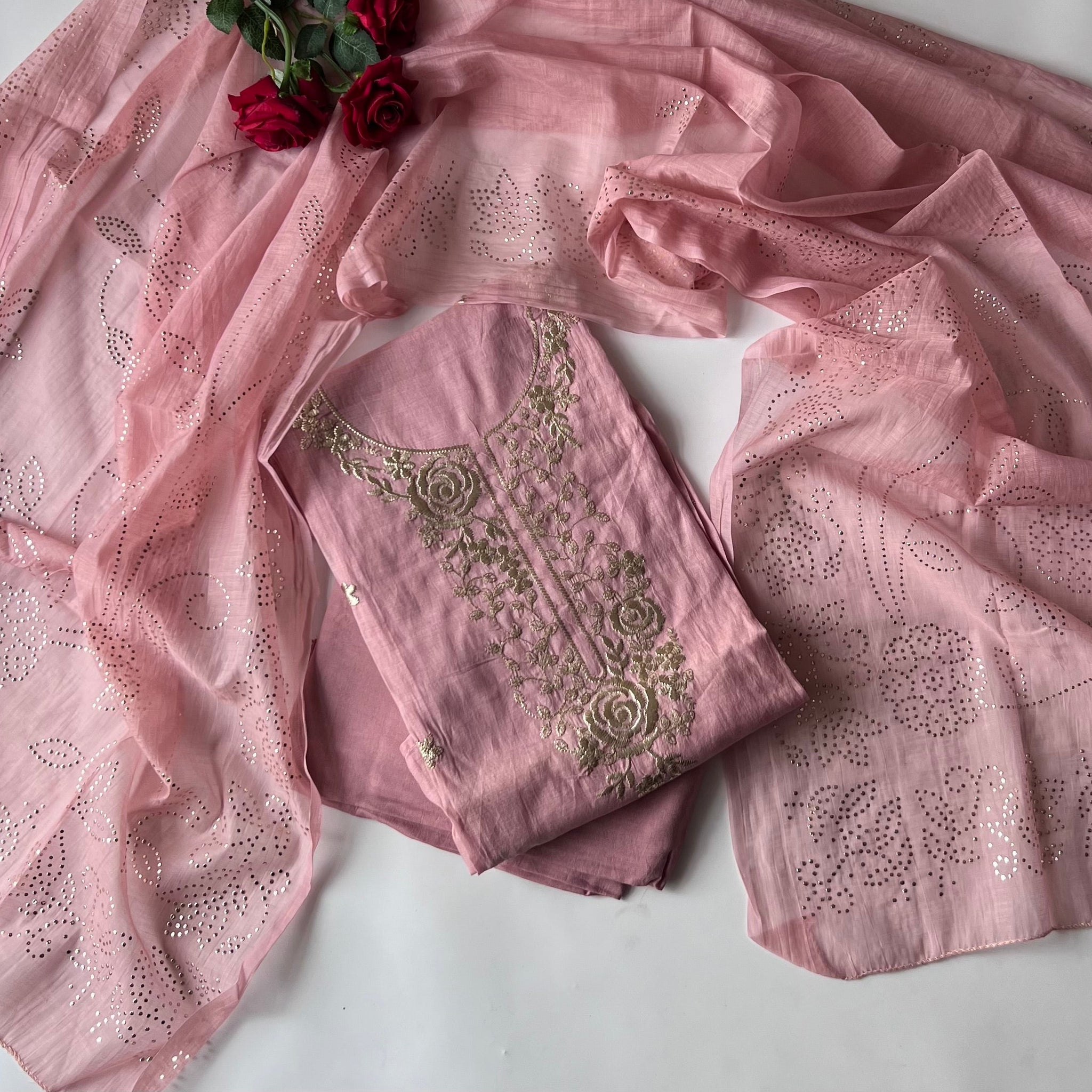 Pastel pink Mul Chanderi dress material with pitta and mukaish work