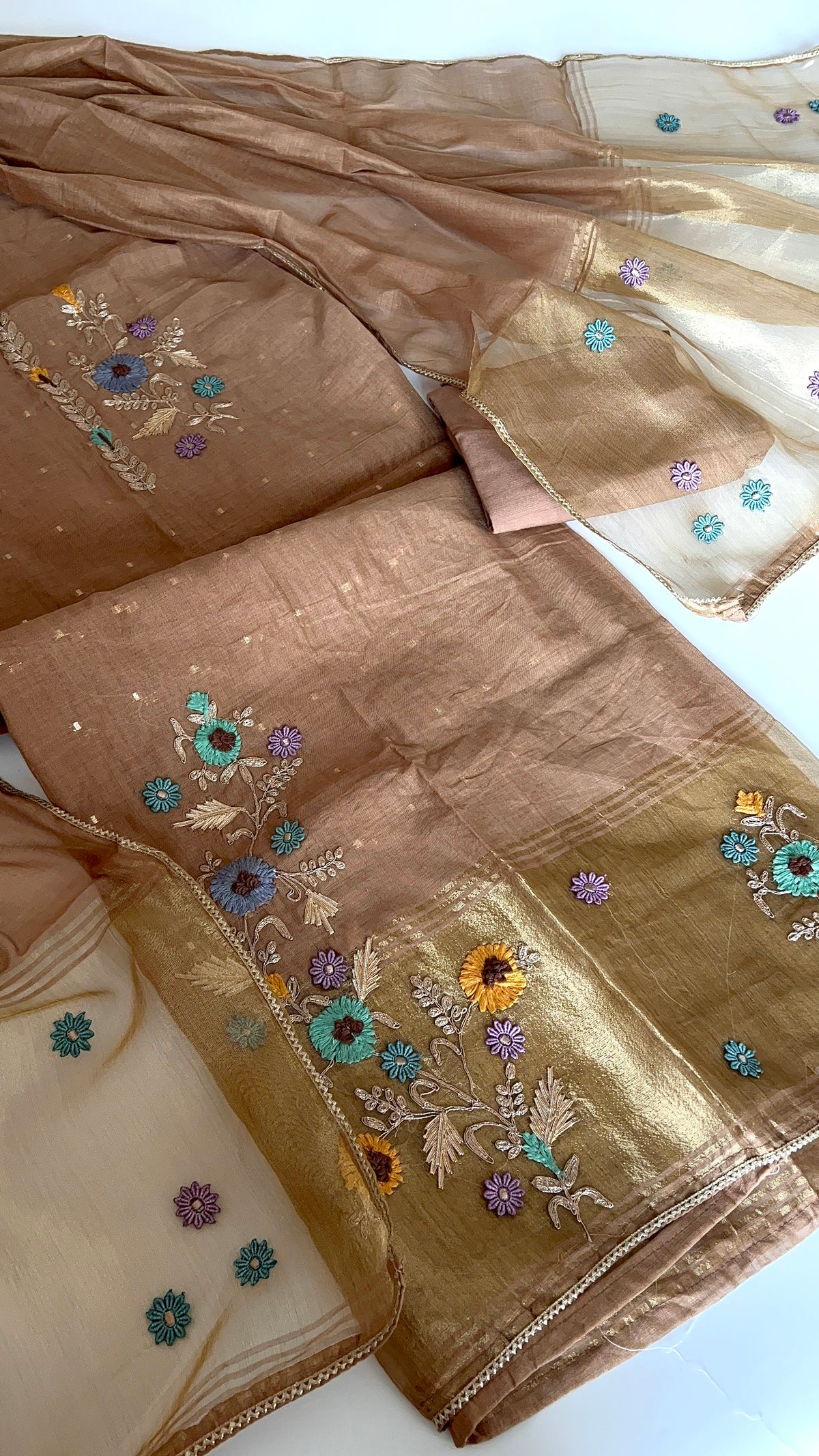 Brown Floral Embroidery tissue Jamdani Dress material