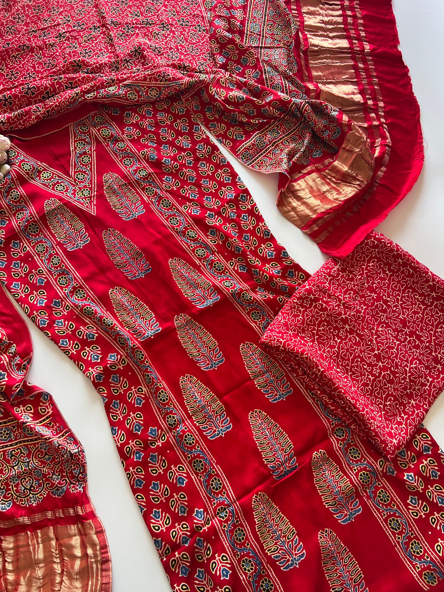 Red Ajrakh Handblock print 3 pc fabric Unstitched suit set