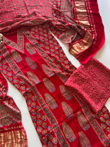 Red Ajrakh Handblock print 3 pc fabric Unstitched suit set