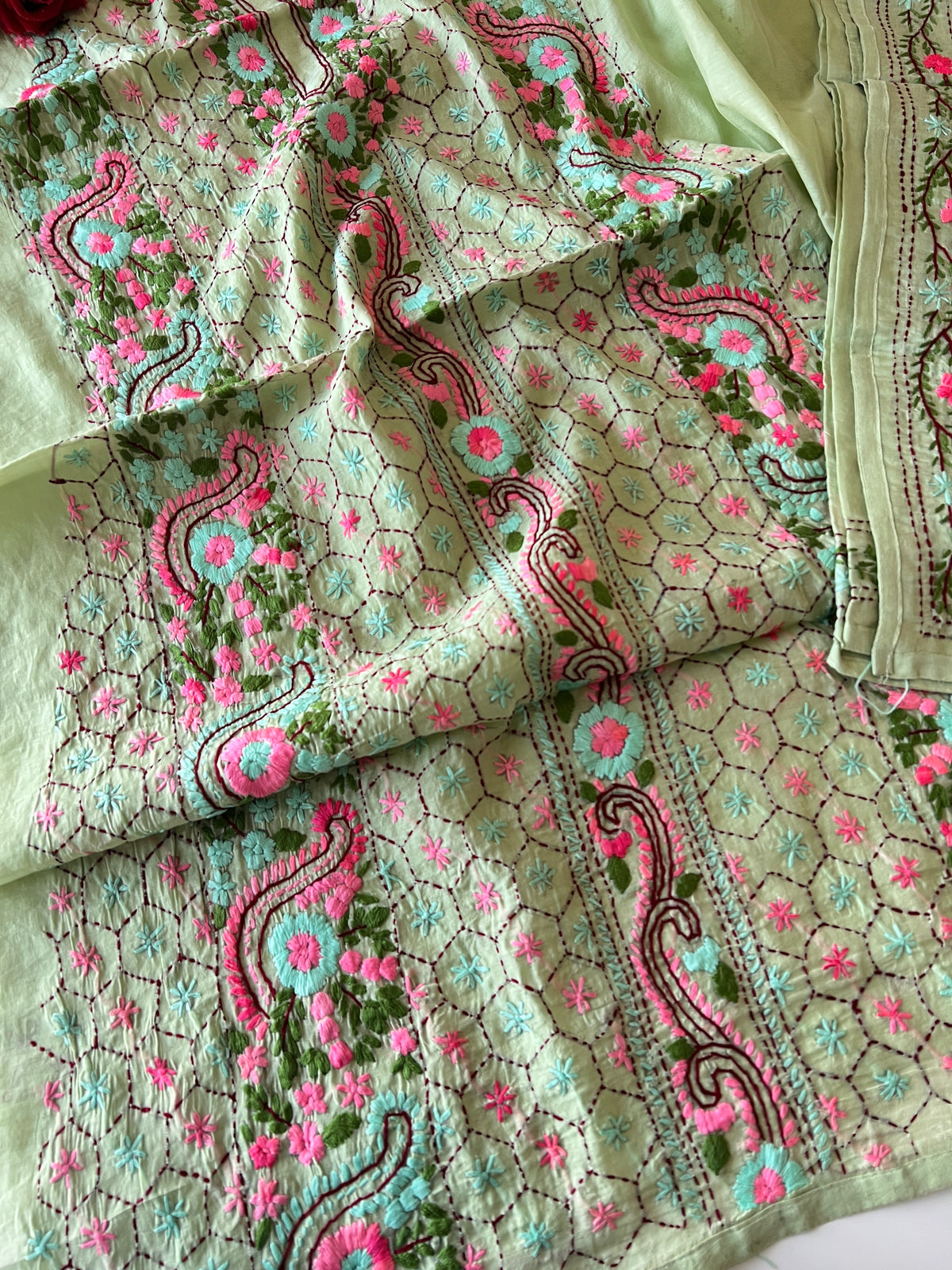 Pista green Phulkari embroidery Unstitched suit material