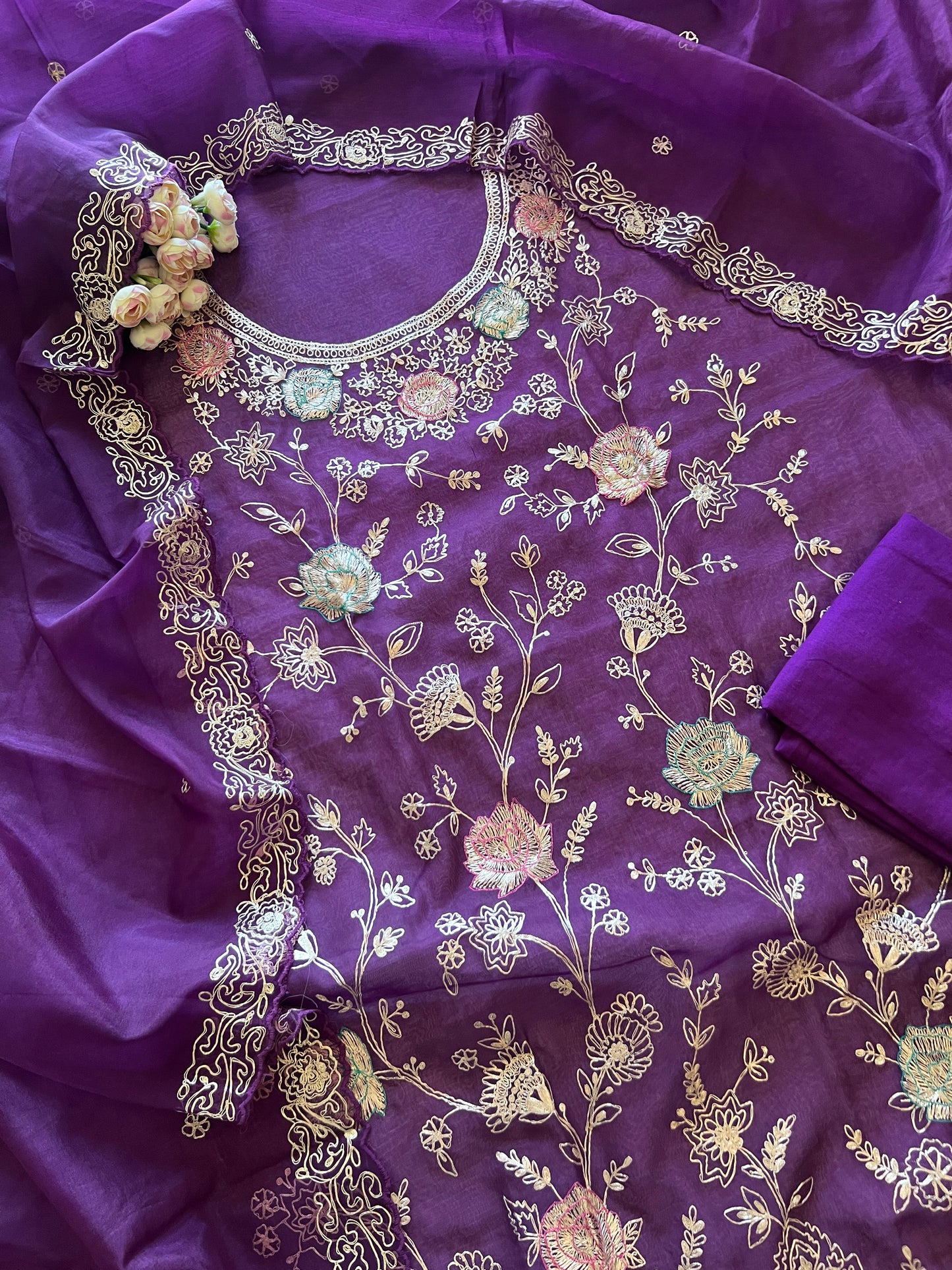 Pure Silk Organza Full embroidered premium unstitched suit in Purple