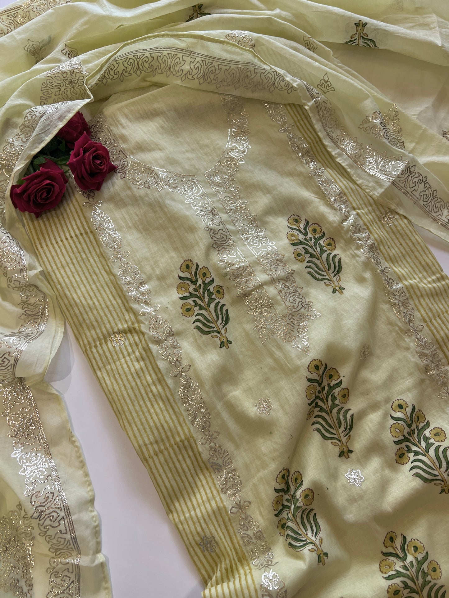Block print and pitta work on Mul Chanderi dunstitched Suit set