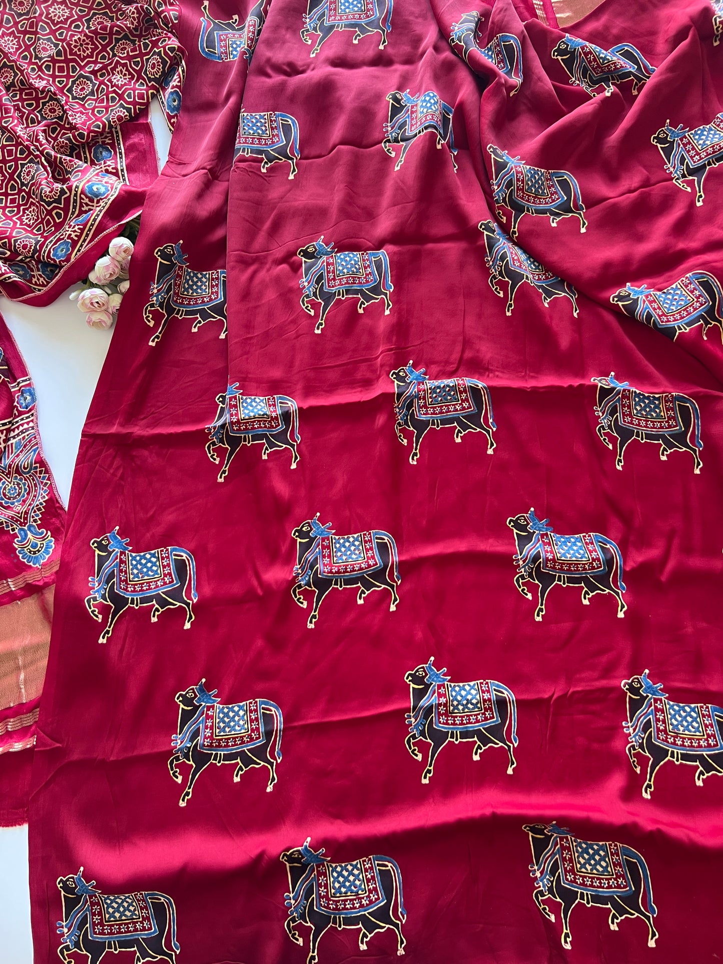 Maroon Ajrakh Handblock print 3 pc fabric Unstitched suit set
