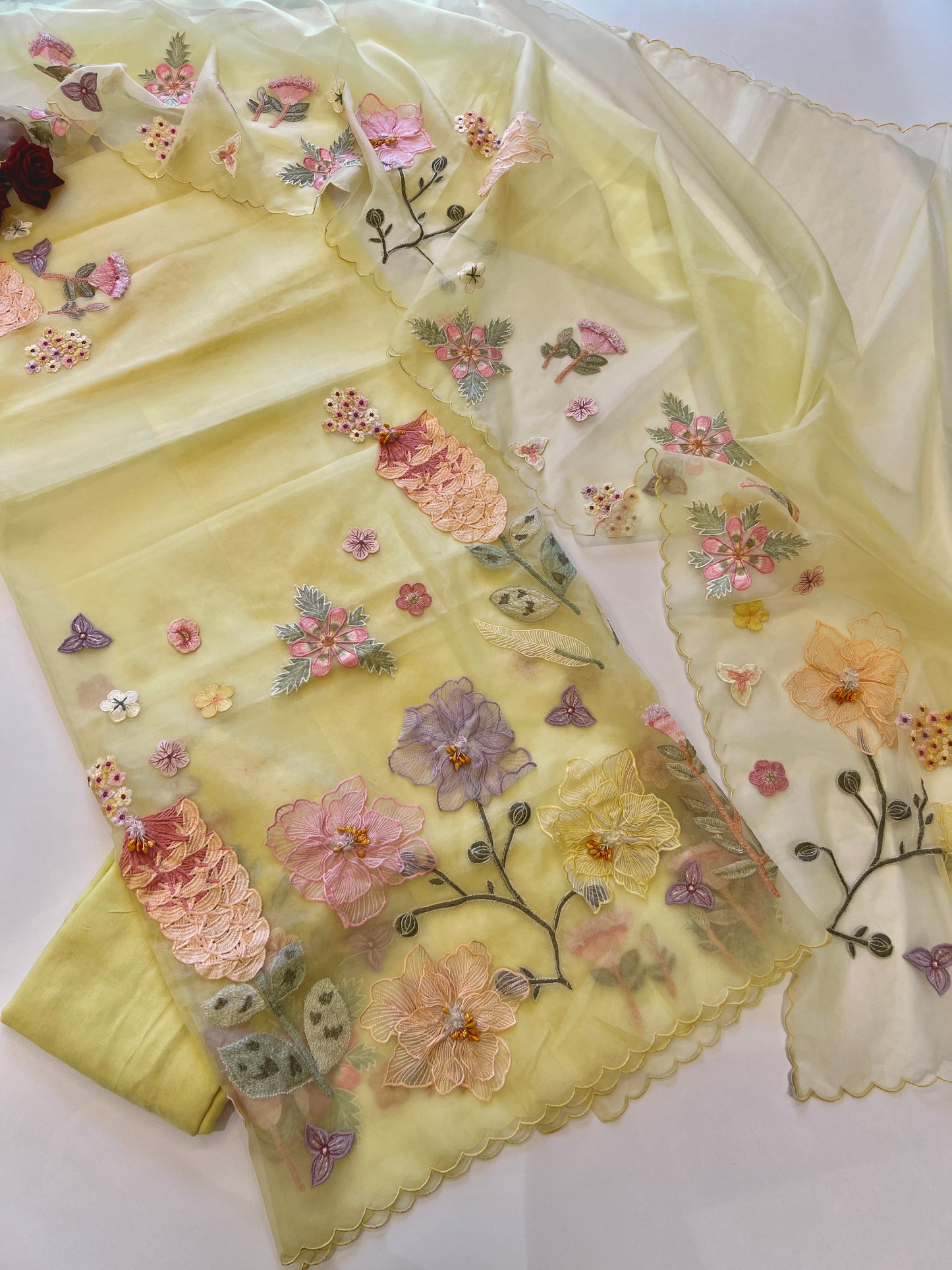 Yellow 3D Embroidery on semi Organza premium unstitched dress material with floral work