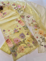 Yellow 3D Embroidery on semi Organza premium unstitched dress material with floral work