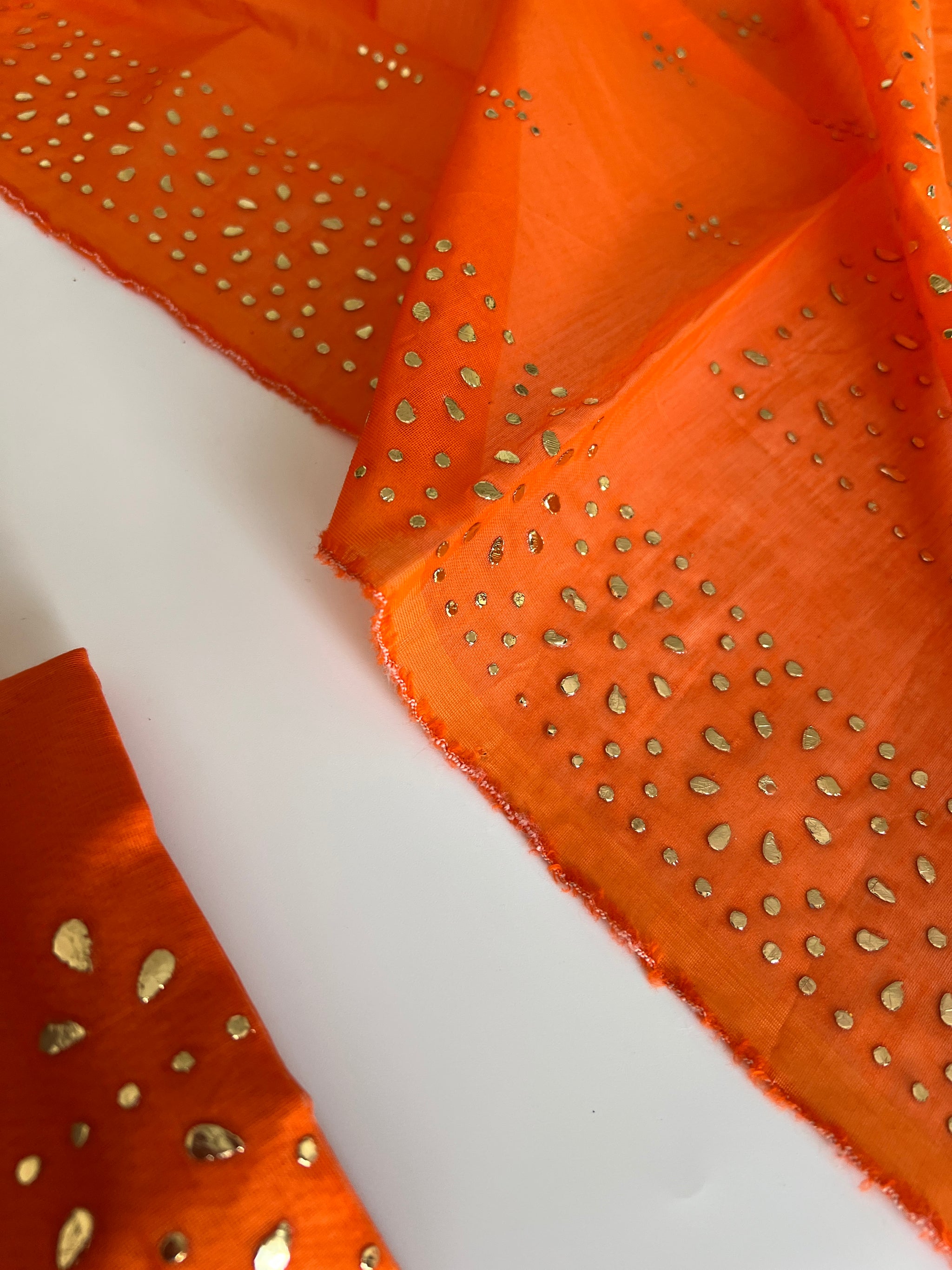 Orange Mul Chanderi dress material with mukaish geometric