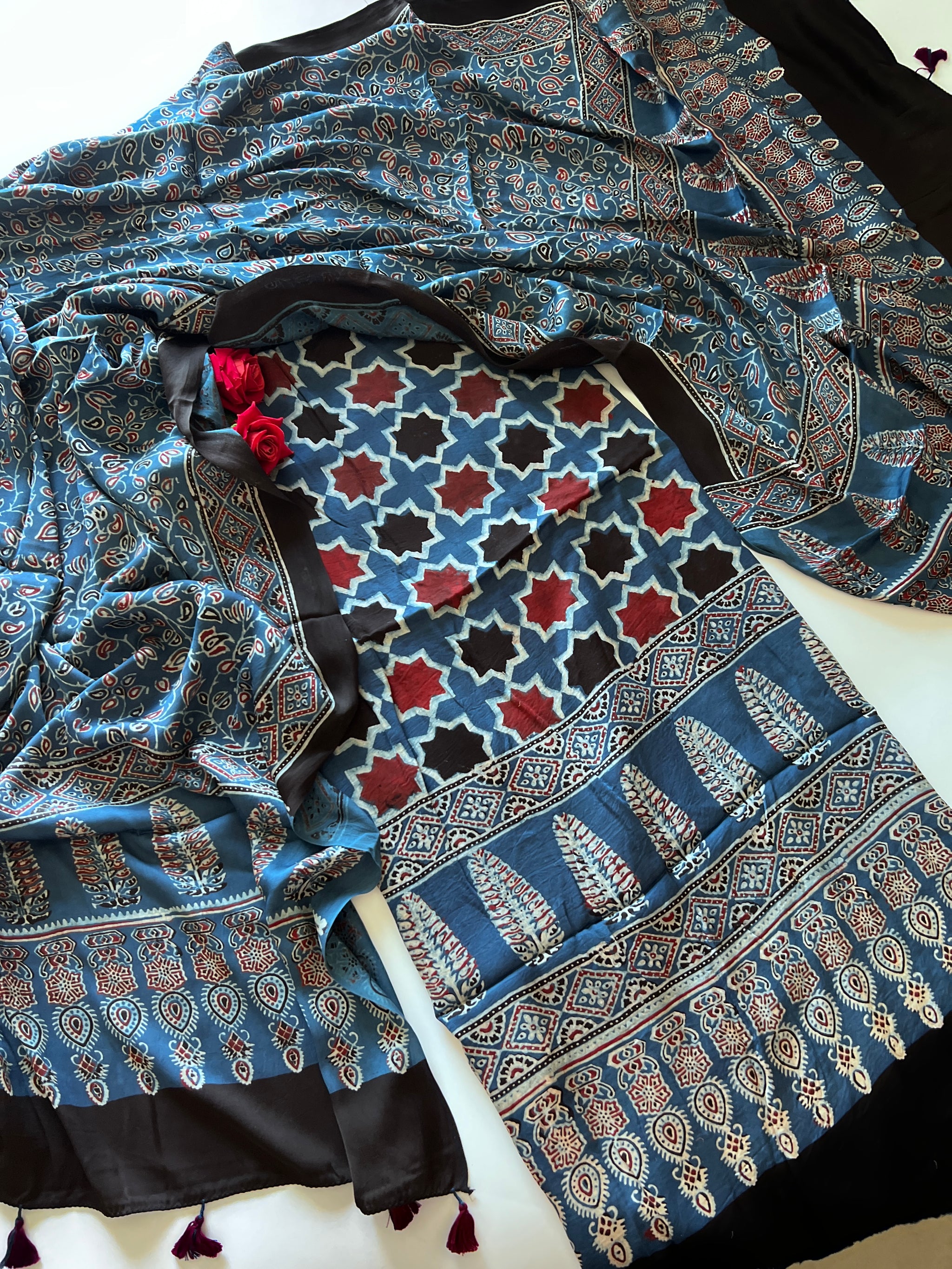 Blue Original Handblock Ajrakh print on Modal fabric Unstitched suit set