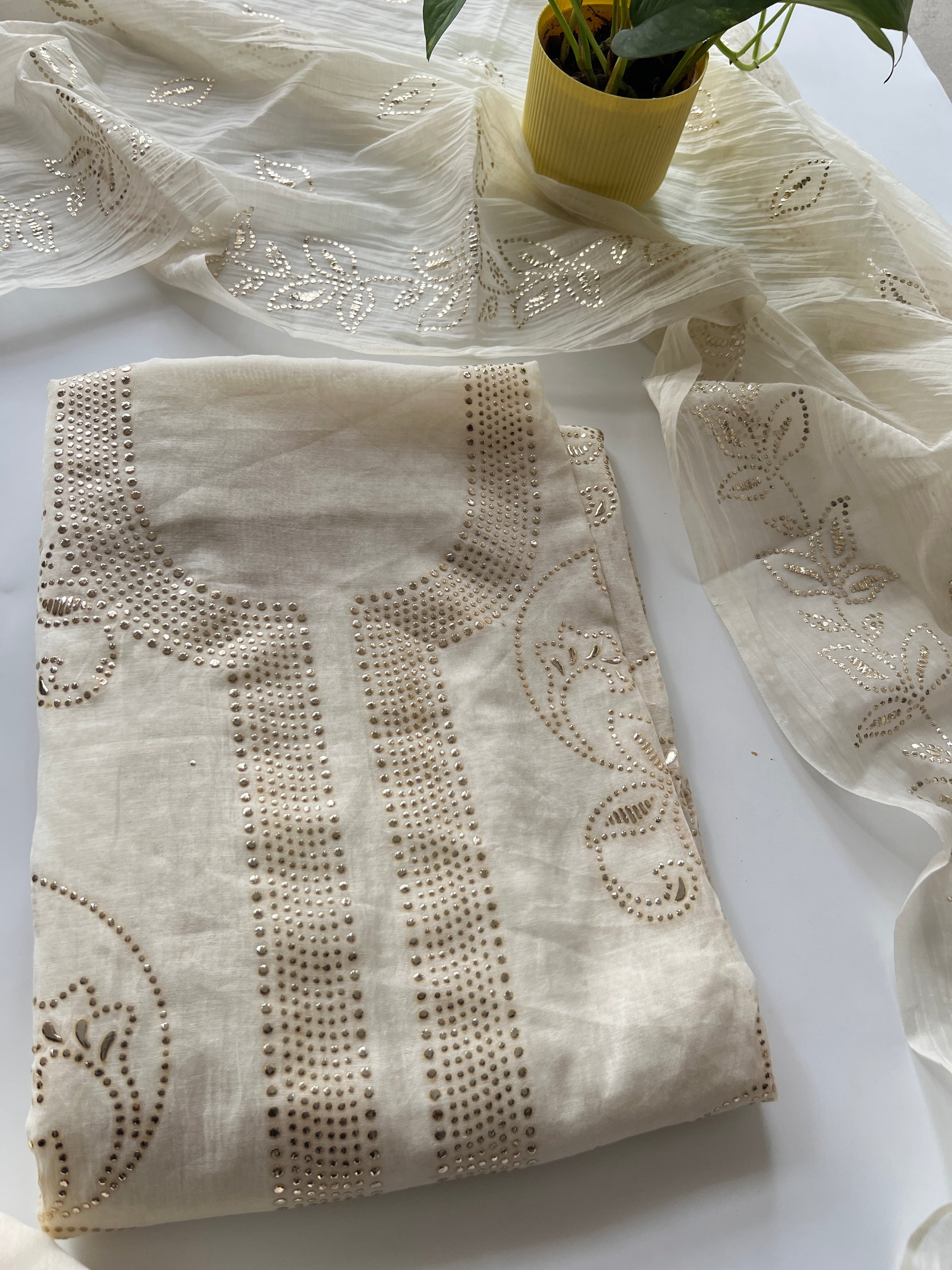 Cream Mul Chanderi dress material with mukaish