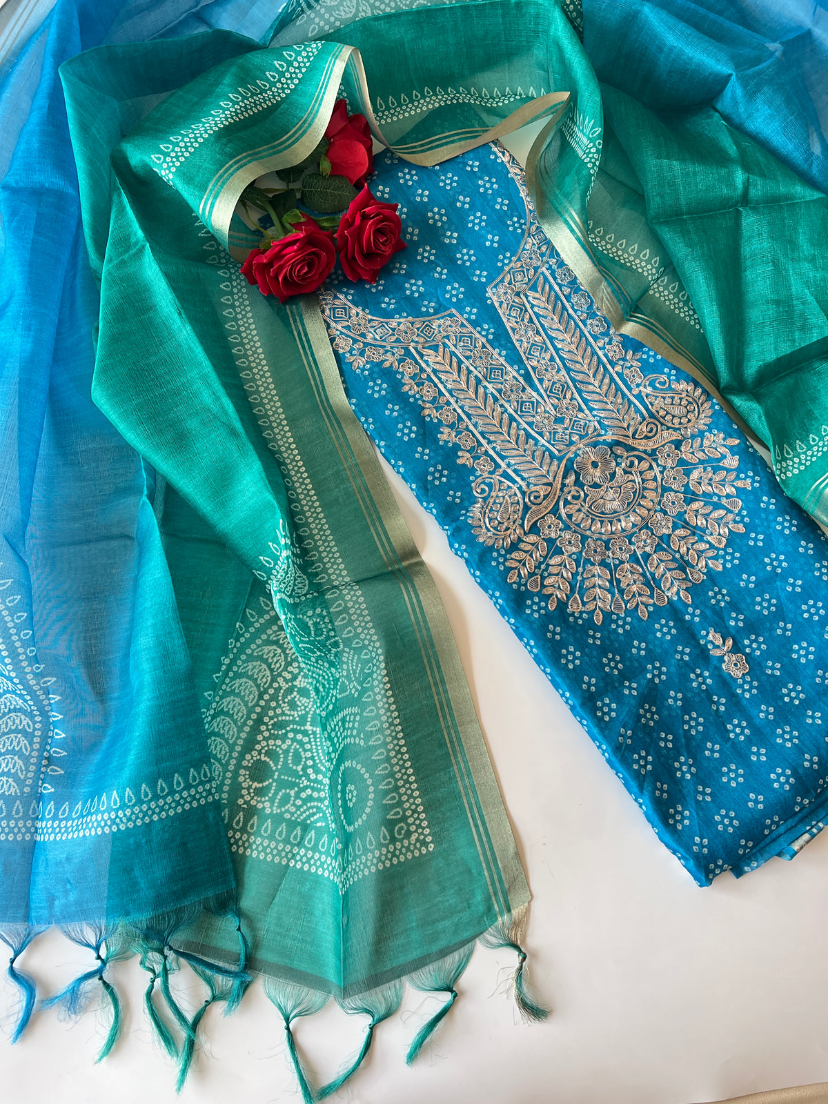 Blue soft Organza crepe with Pitta work and bandej