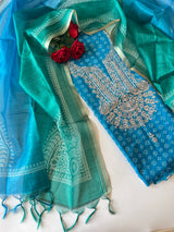 Blue soft Organza crepe with Pitta work and bandej