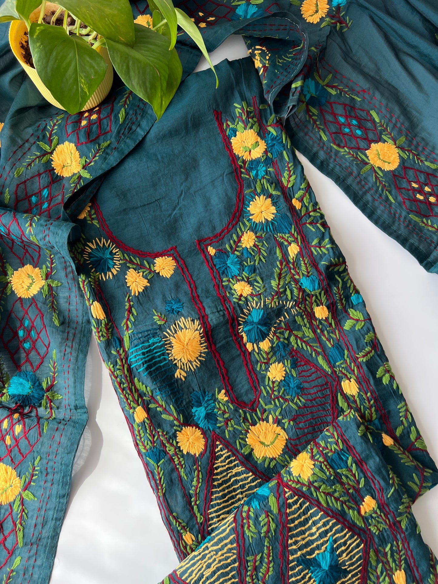 Peacock color Chanderi Phulkari embroidery Unstitched suit material