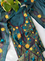 Peacock color Chanderi Phulkari embroidery Unstitched suit material