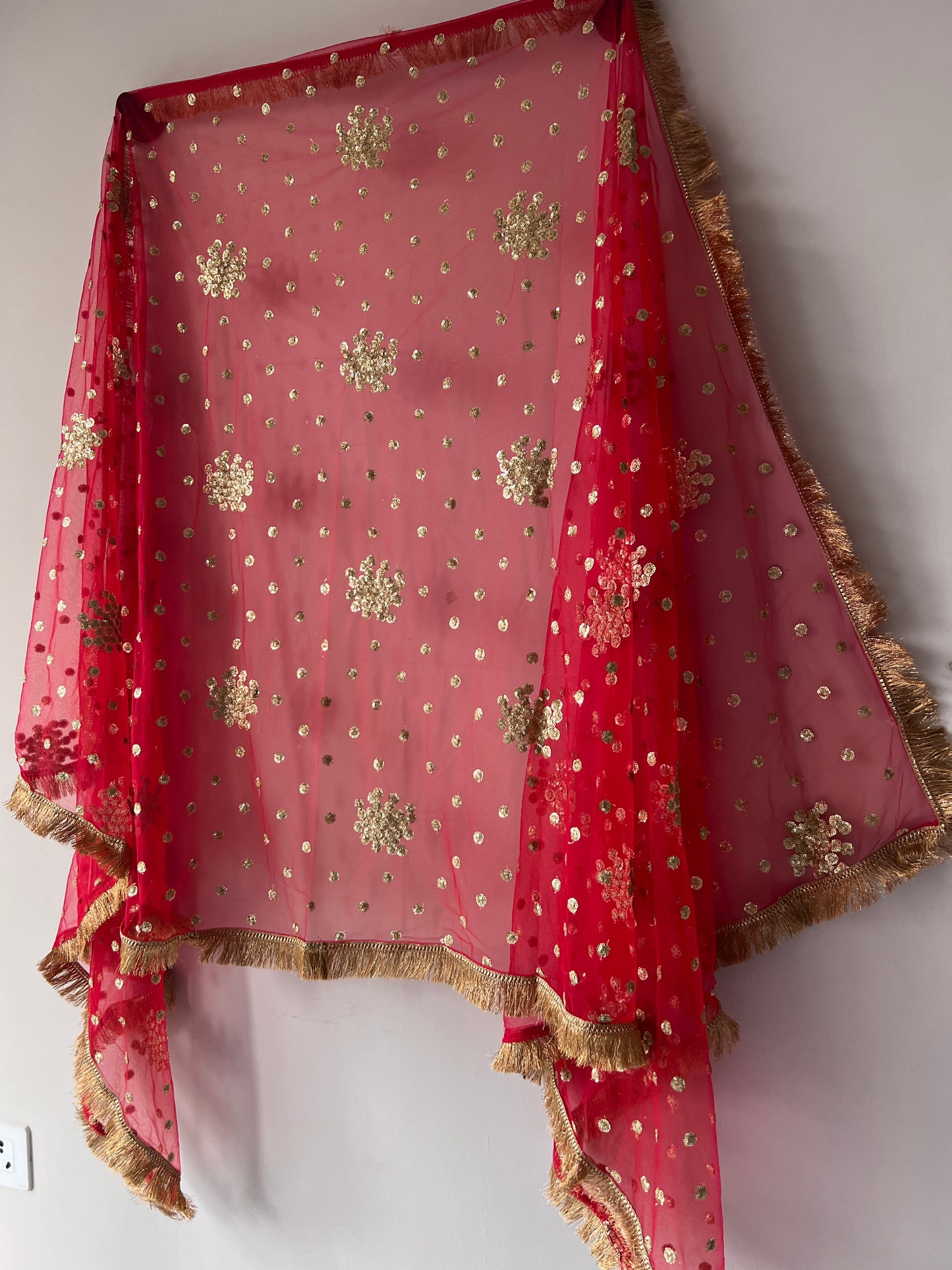 Red Bridal Net dupatta with fringe border