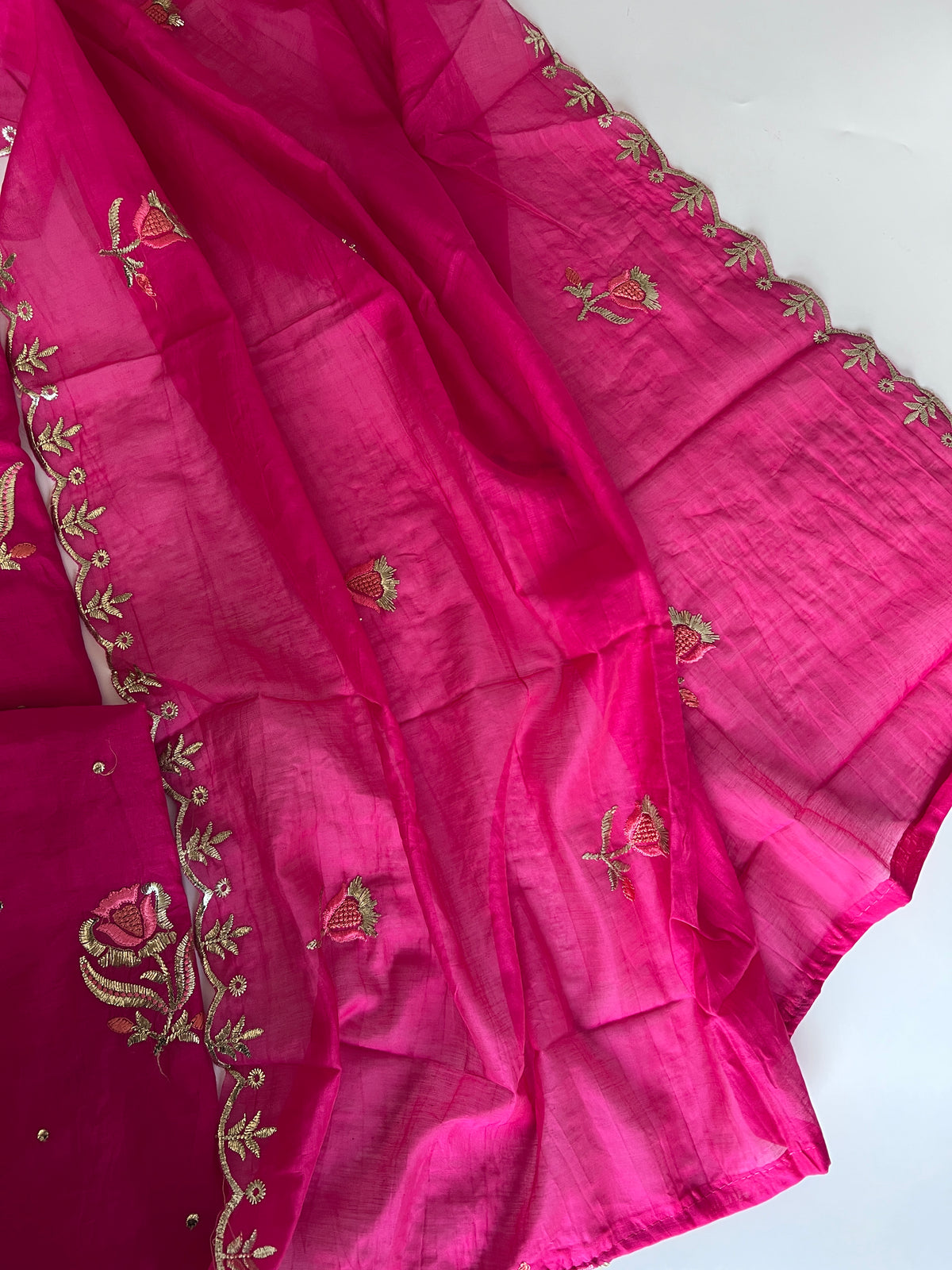 Pink Pitta with thread work on Mul Chanderi dress material - Unstitched Suit set