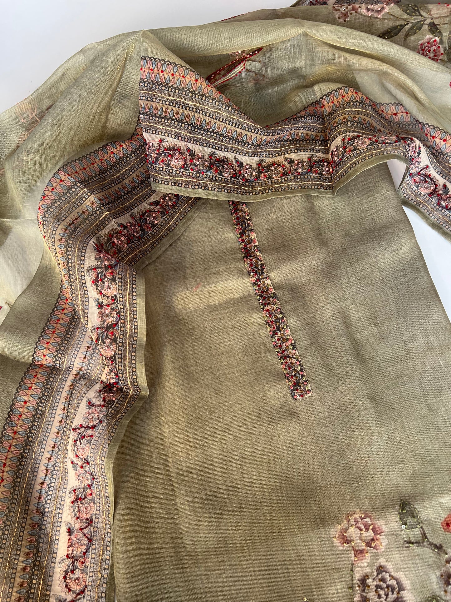 Shimmer Linen Unstitched Salwar Suit with Knot Embroidery and Bird Floral Print