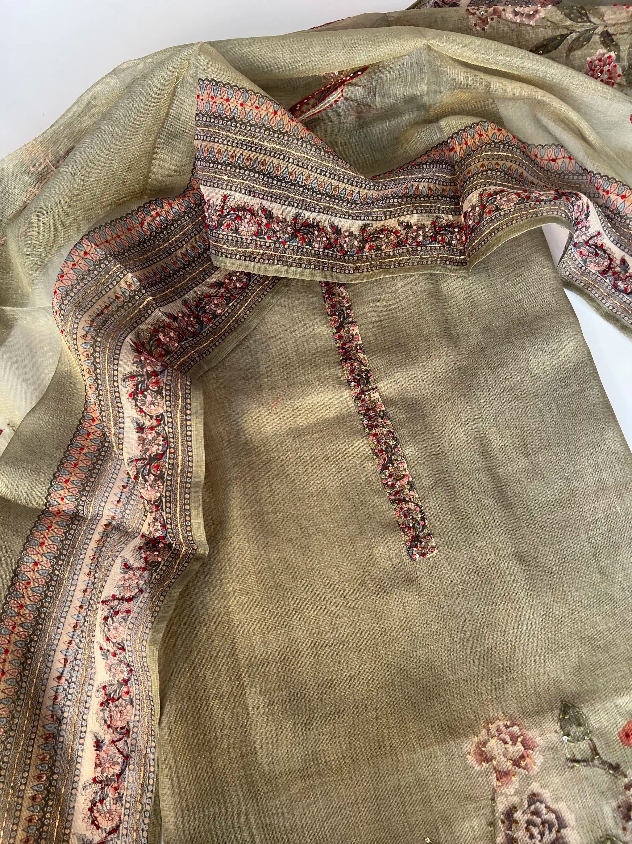 Shimmer Linen Unstitched Salwar Suit with Knot Embroidery and Bird Floral Print
