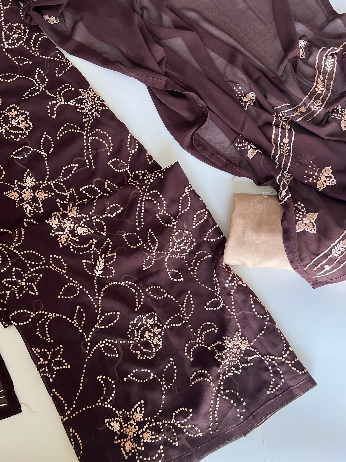 Brown Georgette Knot Embroidery Unstitched suit set 3 pc