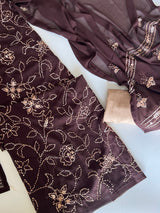 Brown Georgette Knot Embroidery Unstitched suit set 3 pc