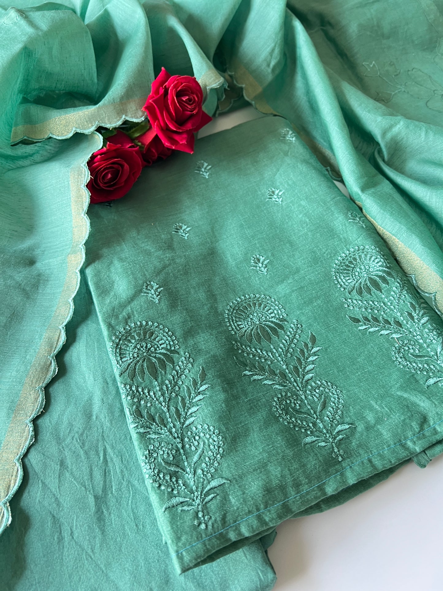 Green Pure Chanderi patchwork Embroidery scallop unstitched suit