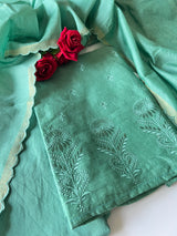 Green Pure Chanderi patchwork Embroidery scallop unstitched suit