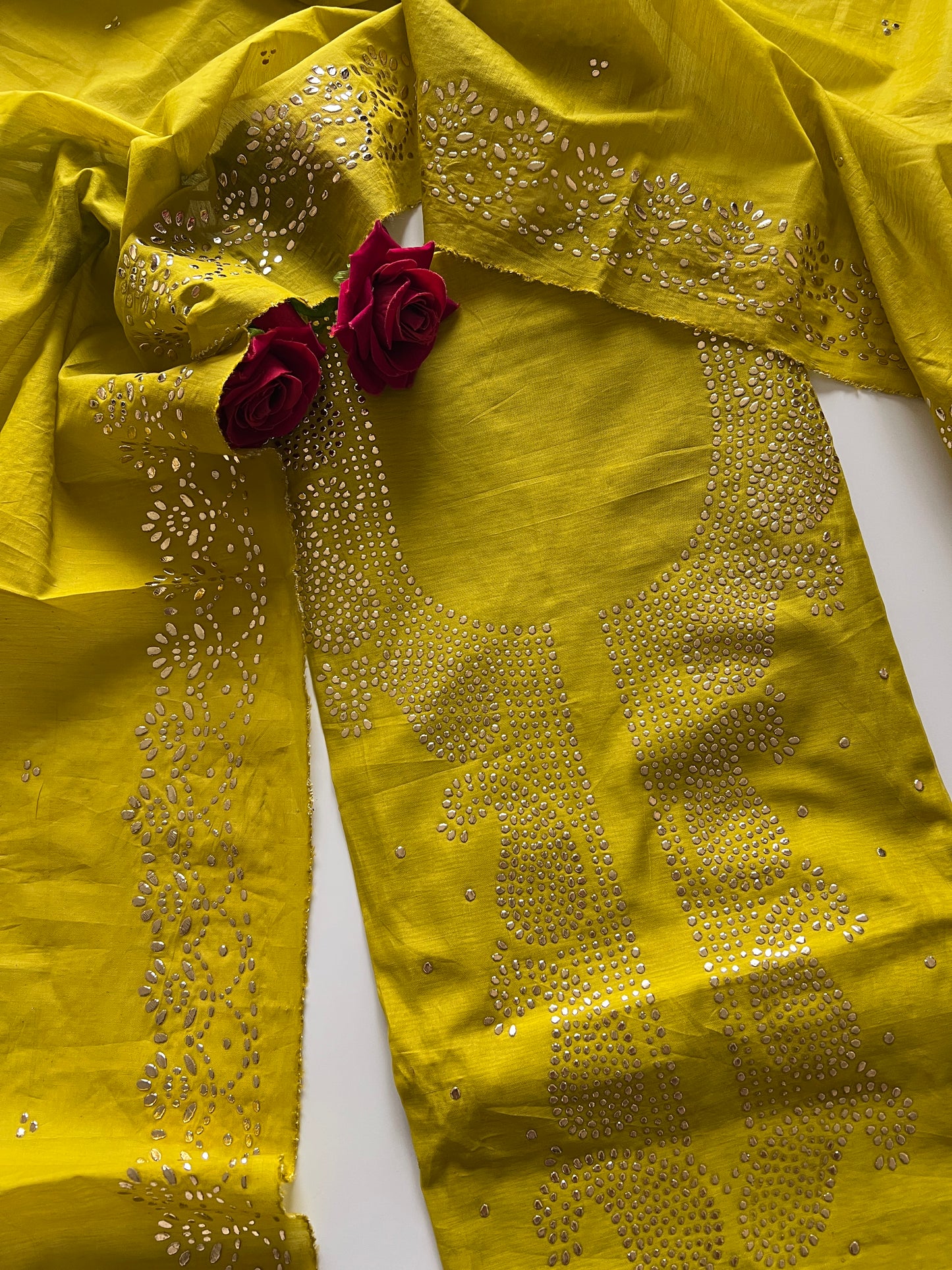Yellow Mul Chanderi dress material with mukaish -Paisley